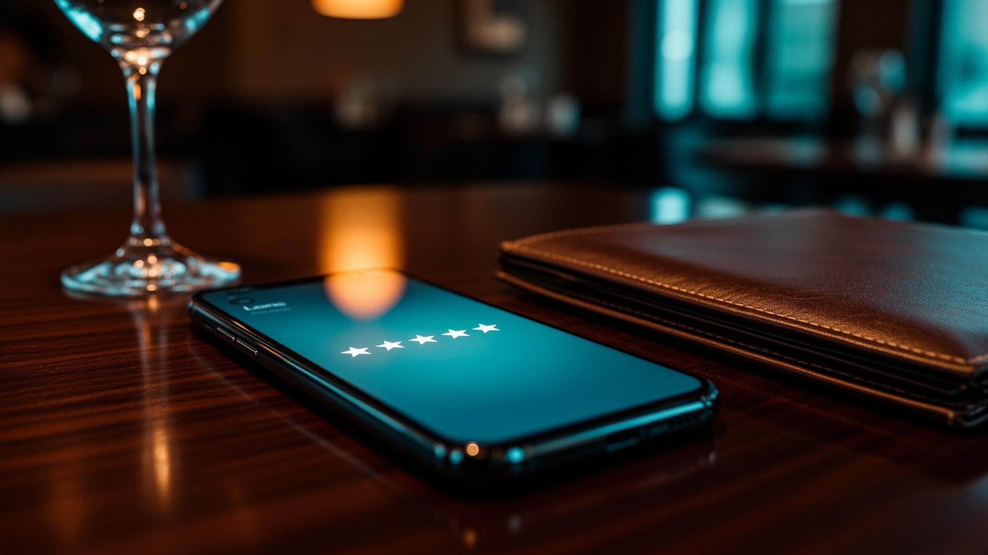 AI online reputatie restaurant: cinematische close-up van smartphone met blurred reviewsterren op donkere restauranttafel