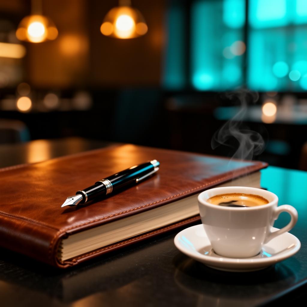 Cinematische close-up van leren gastenboek met vulpen en espresso, symbool voor AI online reputatie restaurant