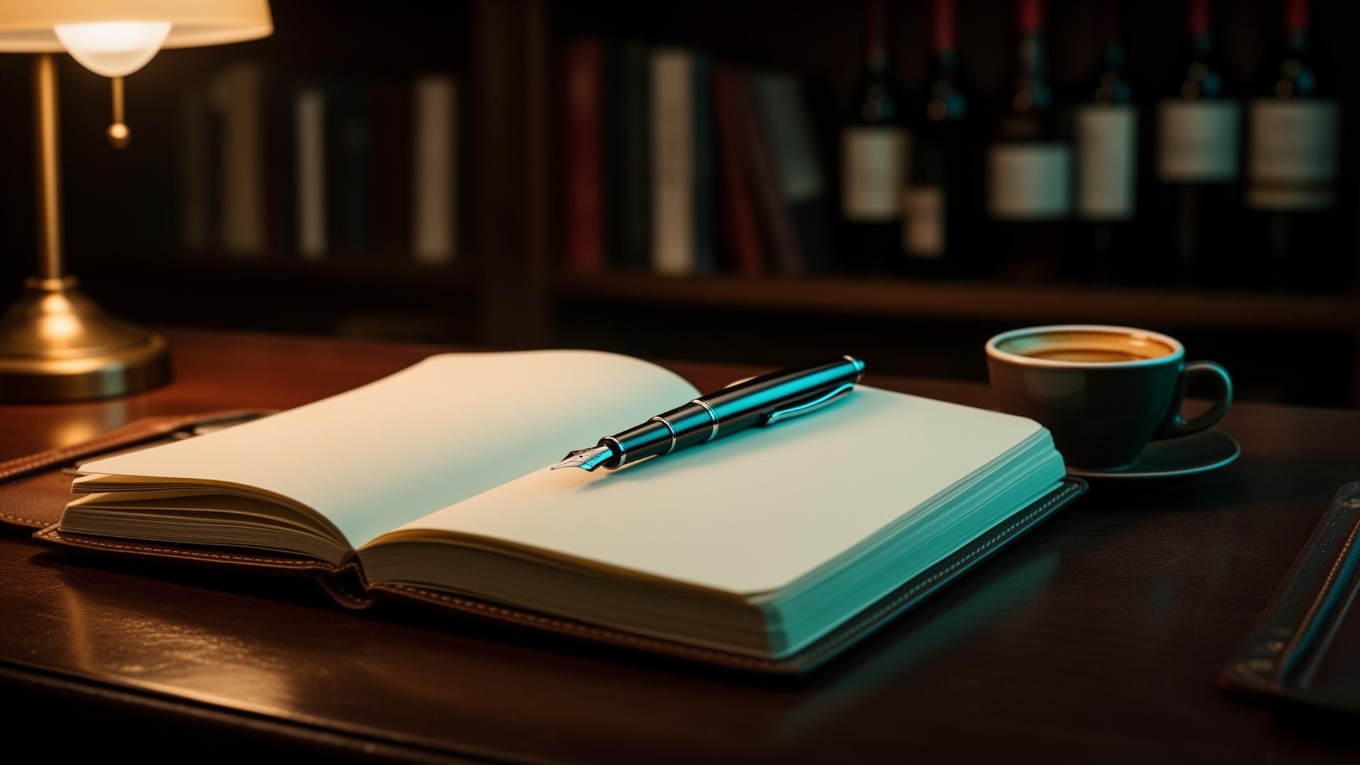 AI abonnement vergelijken horeca cinematic closeup van notitieboek met pen en koffie op restaurant manager bureau