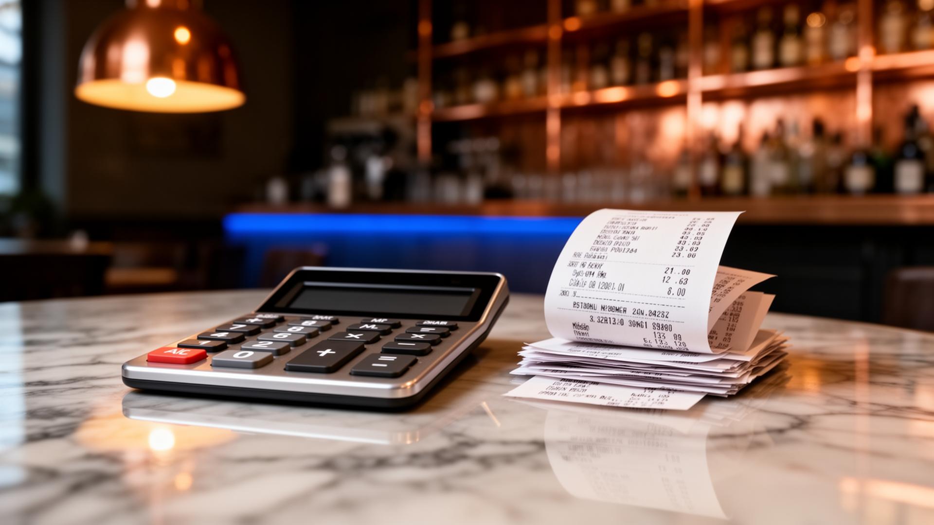 AI abonnement vergelijken horeca closeup van rekenmachine en bonnen op marmeren cafe-tafel