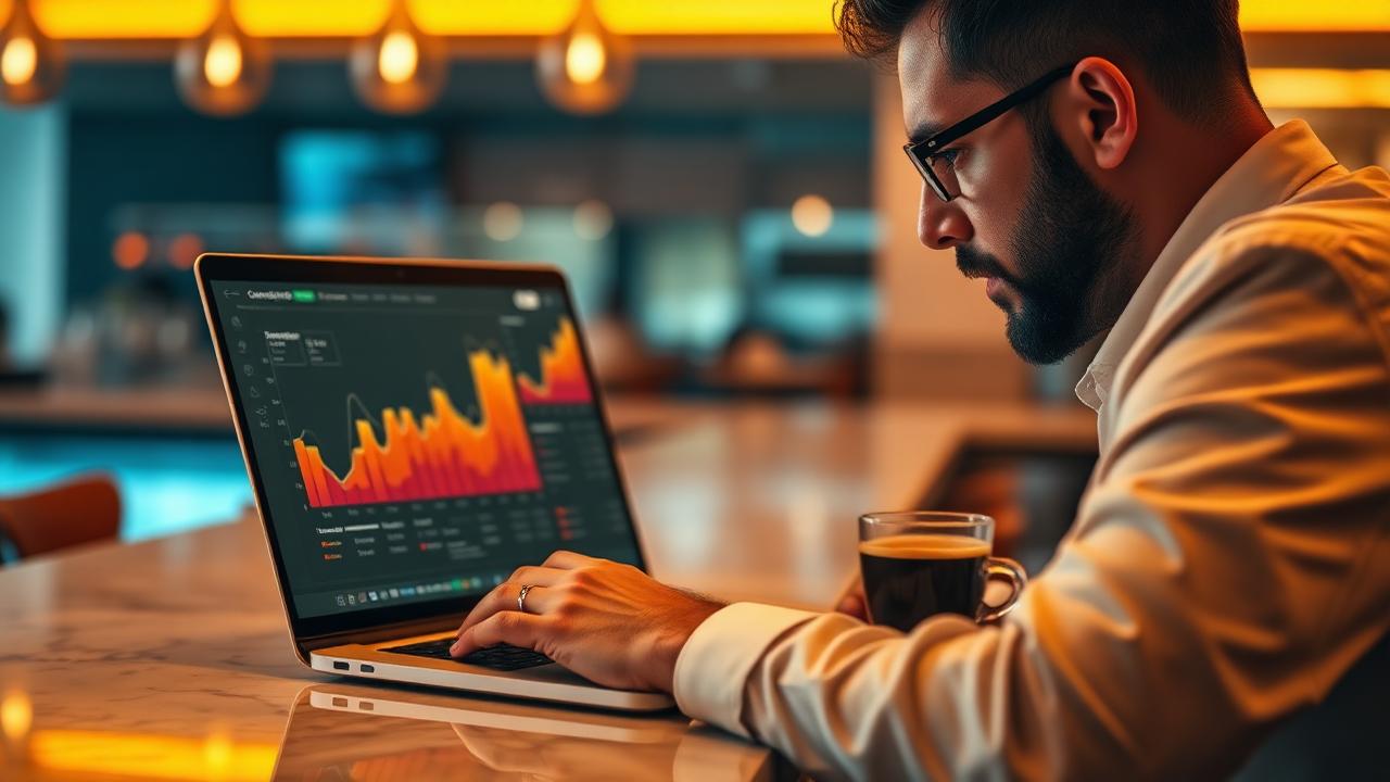 AI adoptie Europese horeca ondernemer reviewt benchmark dashboard op laptop aan warme marmeren bar met espresso