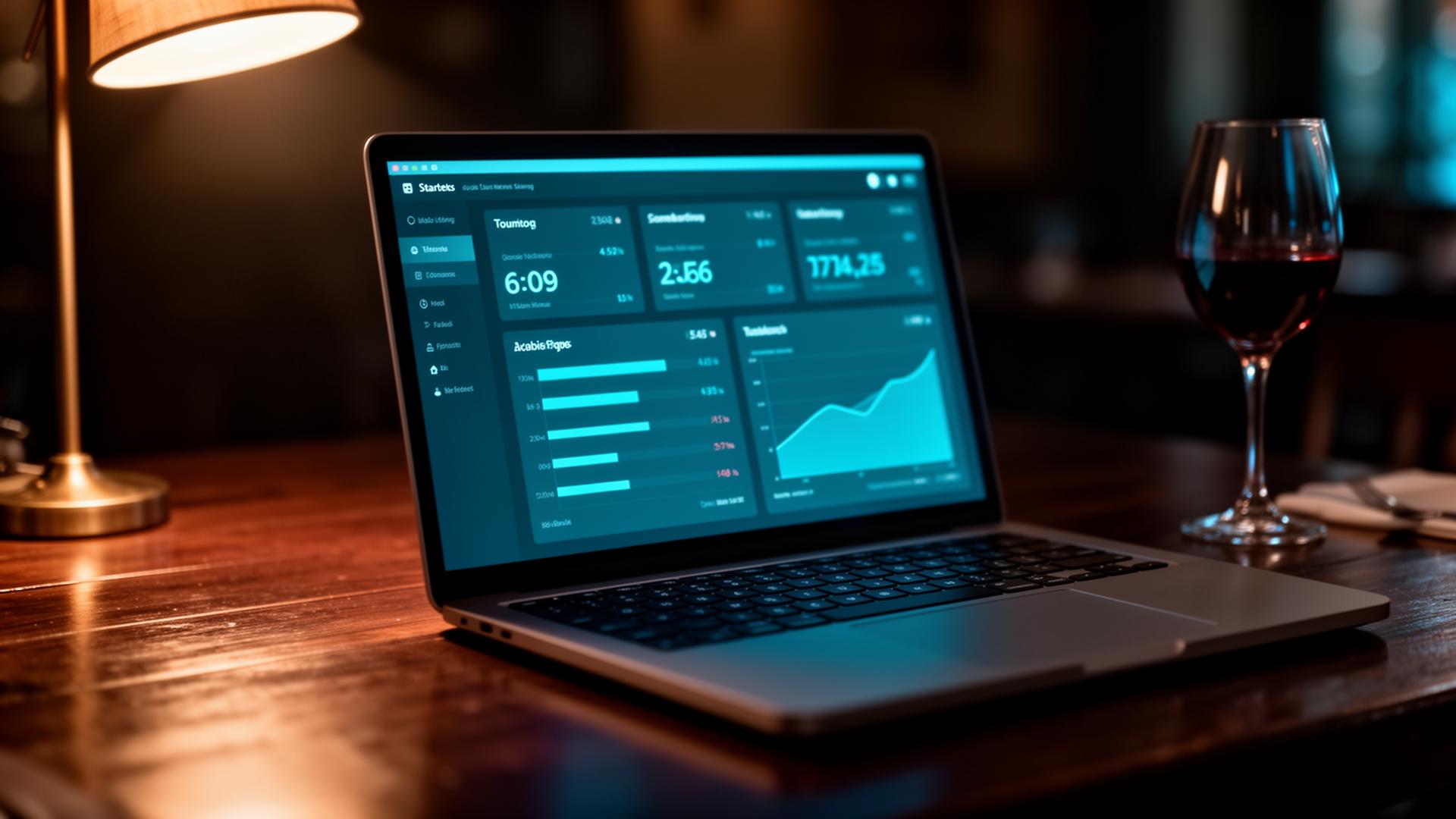 AI adoptie horeca Europa cinematic closeup van laptop met grafiek op donkere restauranttafel