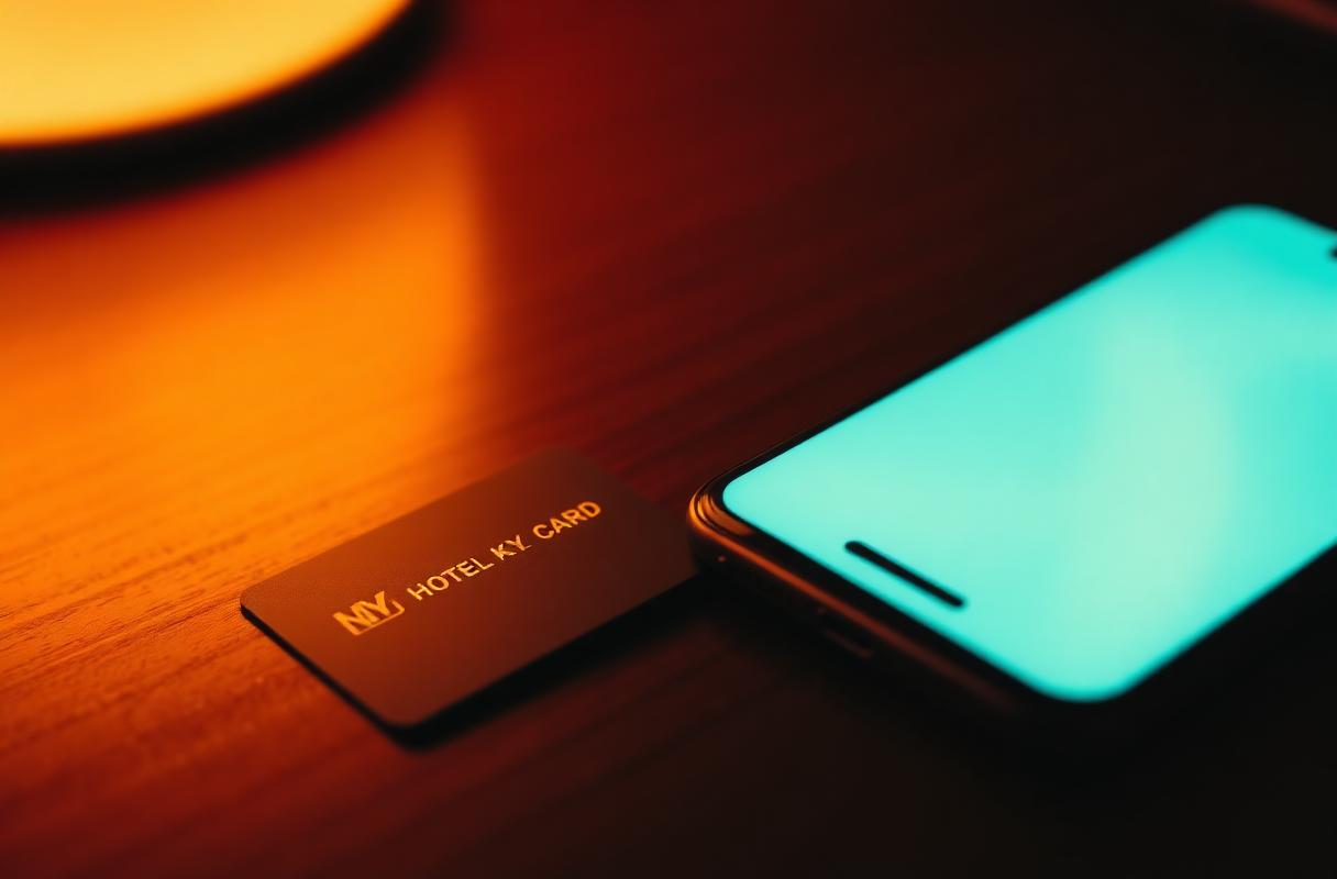 Cinematische close-up van keycard naast smartphone met gloed, illustratie van AI agent voor hotelgastreis
