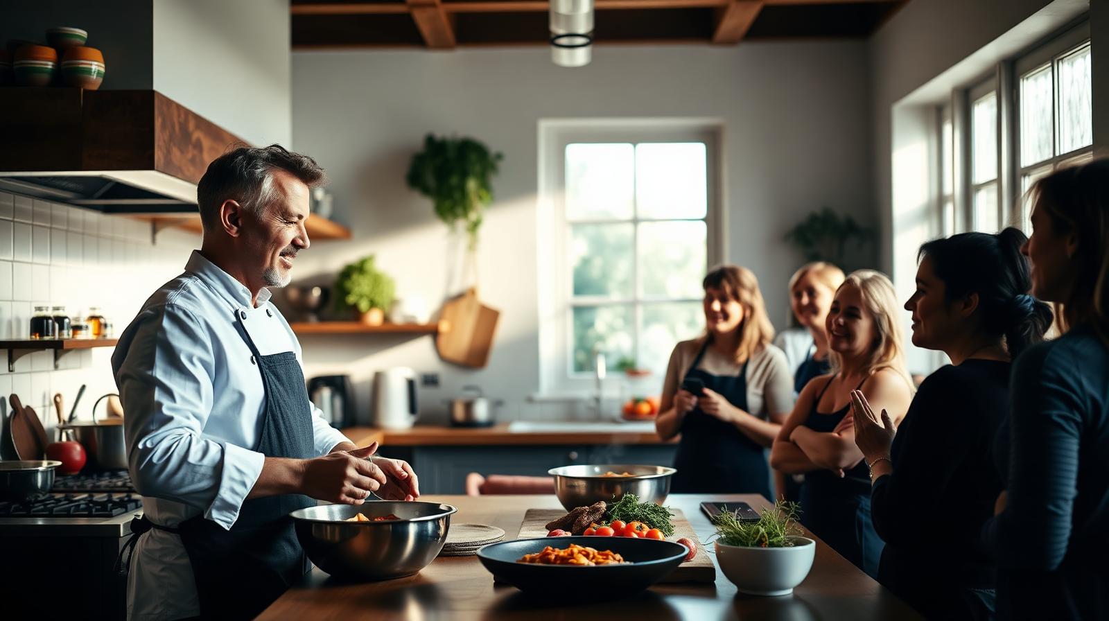 AI Airbnb Experiences horeca host die internationale gasten verwelkomt bij een kookworkshop in een warme open keuken met cinematisch licht