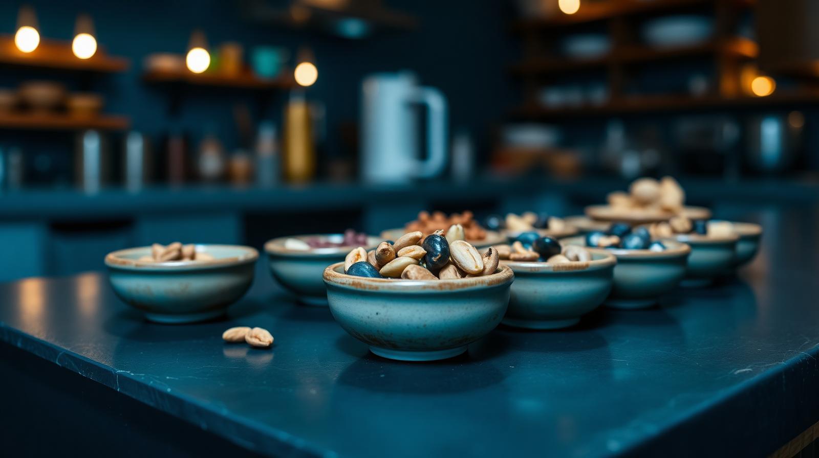 Cinematische close-up van bakjes met noten en granen op donker restauranttoonbank, illustratie AI allergenen chatbot restaurant