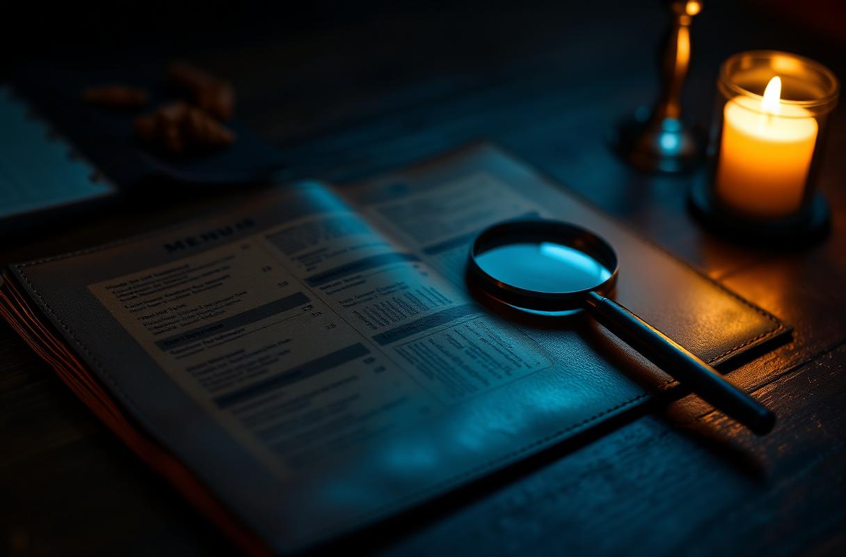 Cinematische close-up van leren menu en vergrootglas op donker hout, illustratie AI allergenen chatbot restaurant