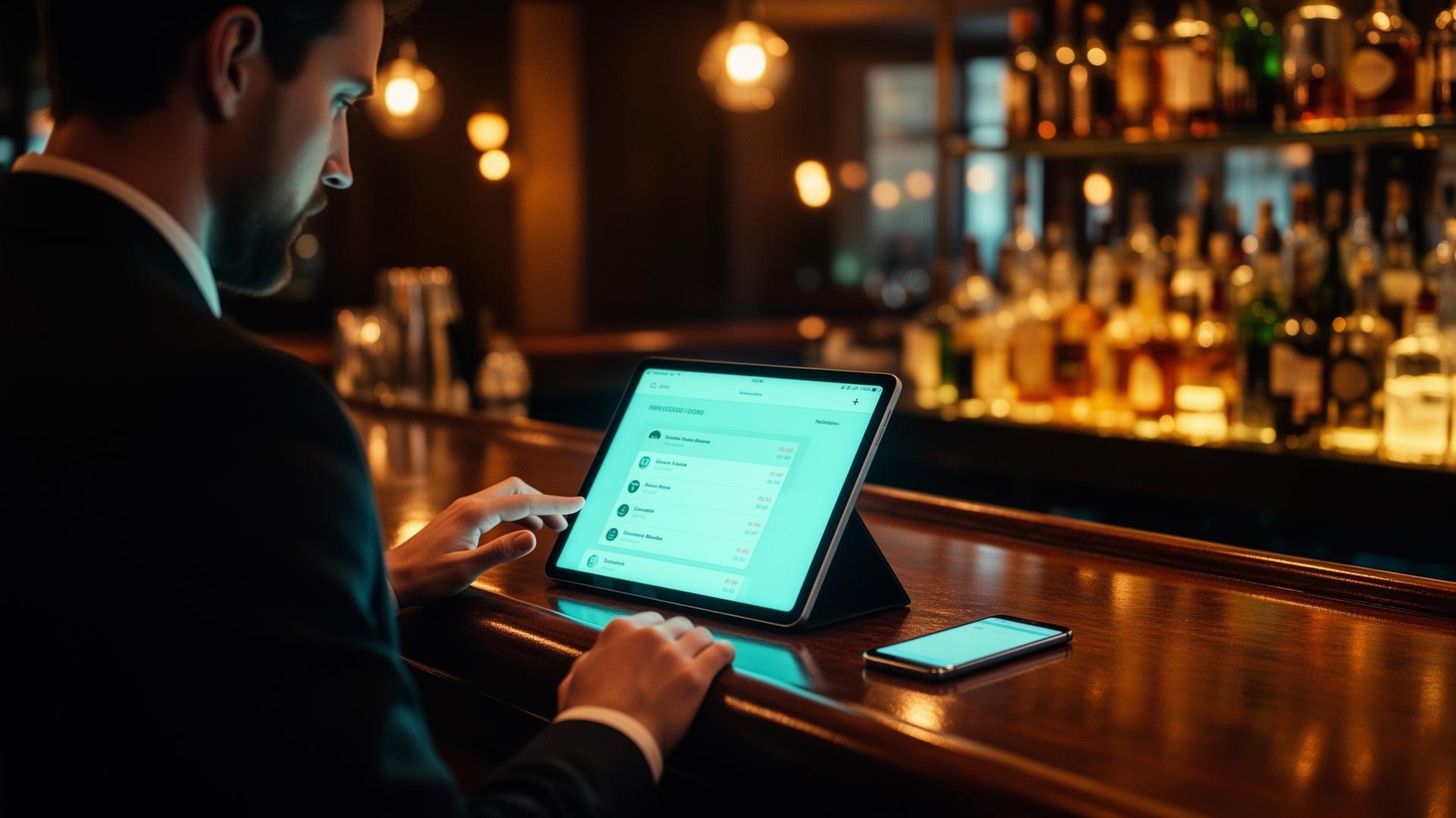 AI assistent voor restaurants: restaurantmanager bekijkt reserveringsdashboard op tablet aan polished bar — checklist 2026 | HorecaHub.ai