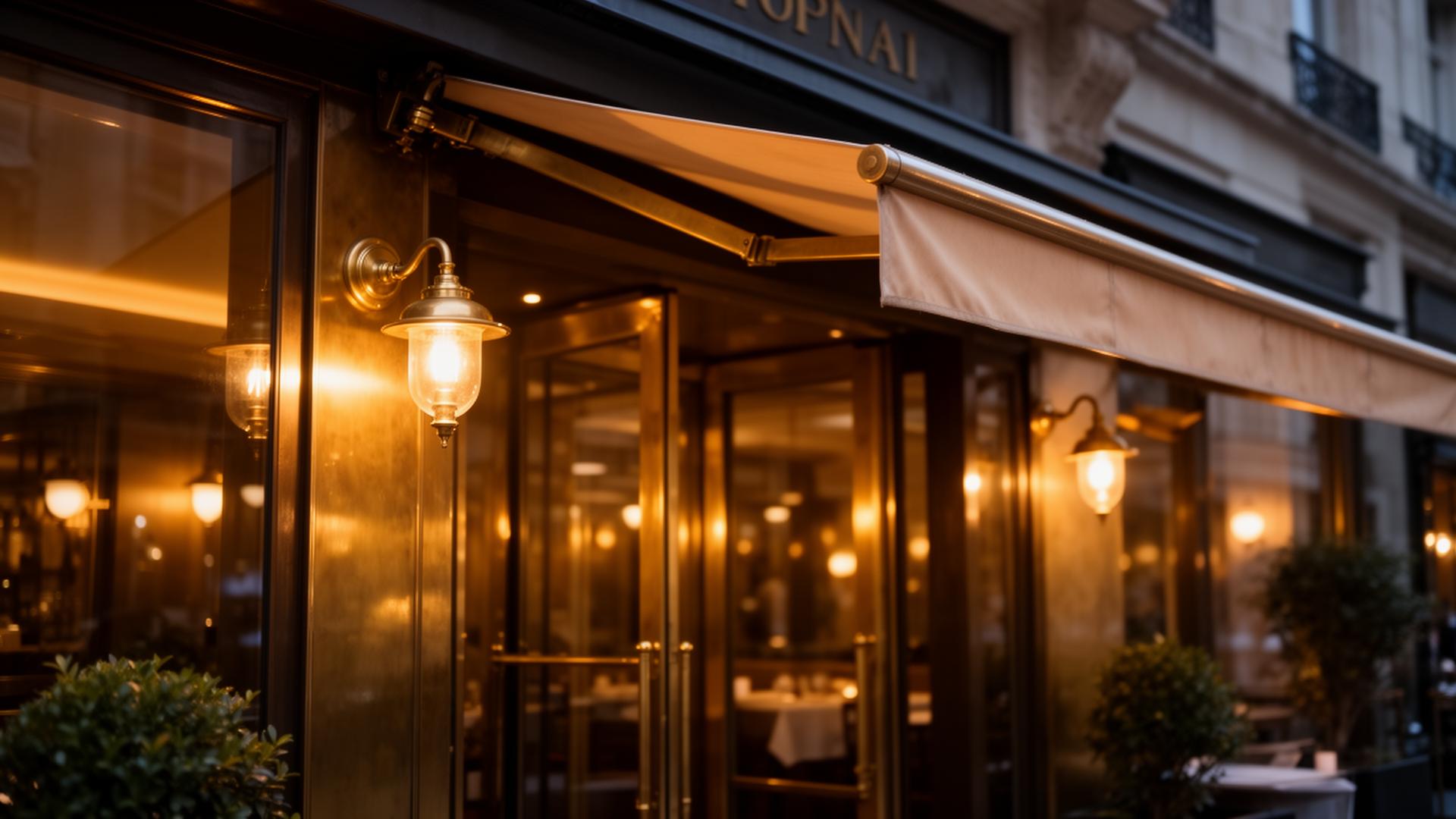AI reviews automatisch beantwoorden elegant restaurantgevel met sterrenverlichting en koperen entree