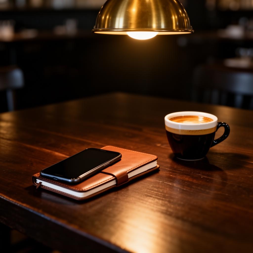 AI reviews automatisch beantwoorden donker bureau met smartphone die sterren toont onder pendant licht