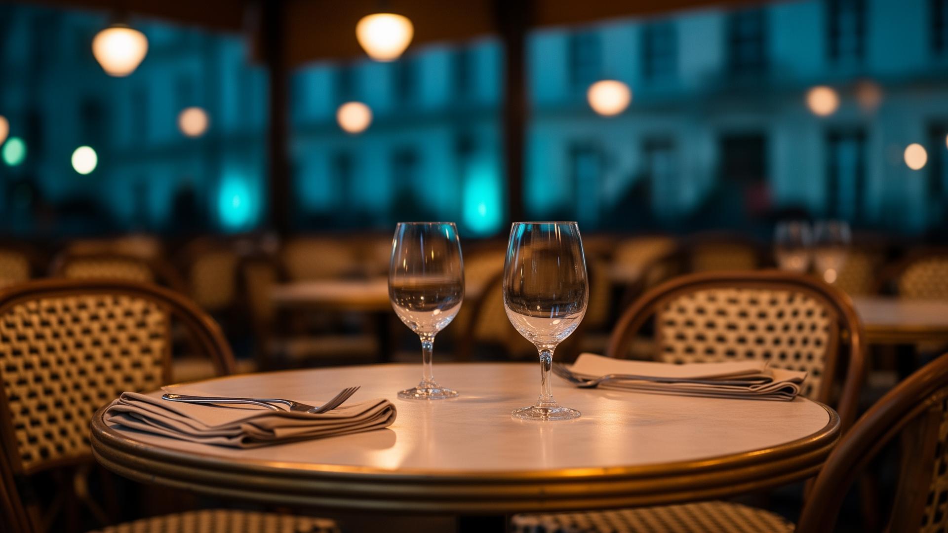 AI Belgische horeca kansen 2025 2026: cinematisch beeld van Belgisch cafe-terras op dark stoep met warme pendant lampen