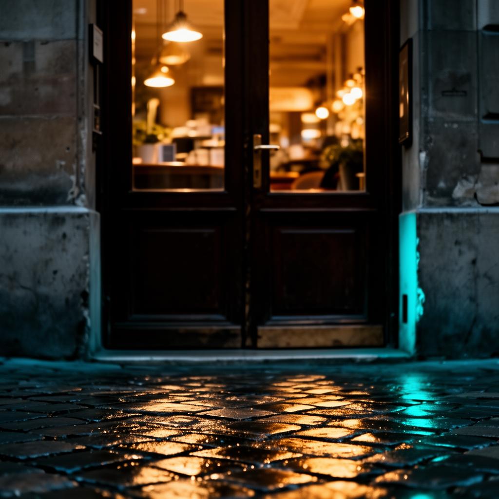 AI horeca Belgie markt 2025: Brussels straatzicht avond met cafe-borden en warme lichten in cinematisch dark beeld