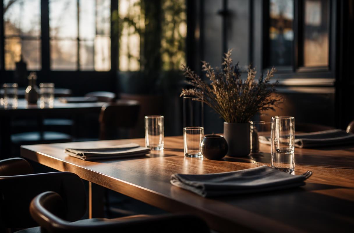 Bereikbaarheid horeca closeup van lege gedekte tafel bij ochtendlicht in restaurant voor opening