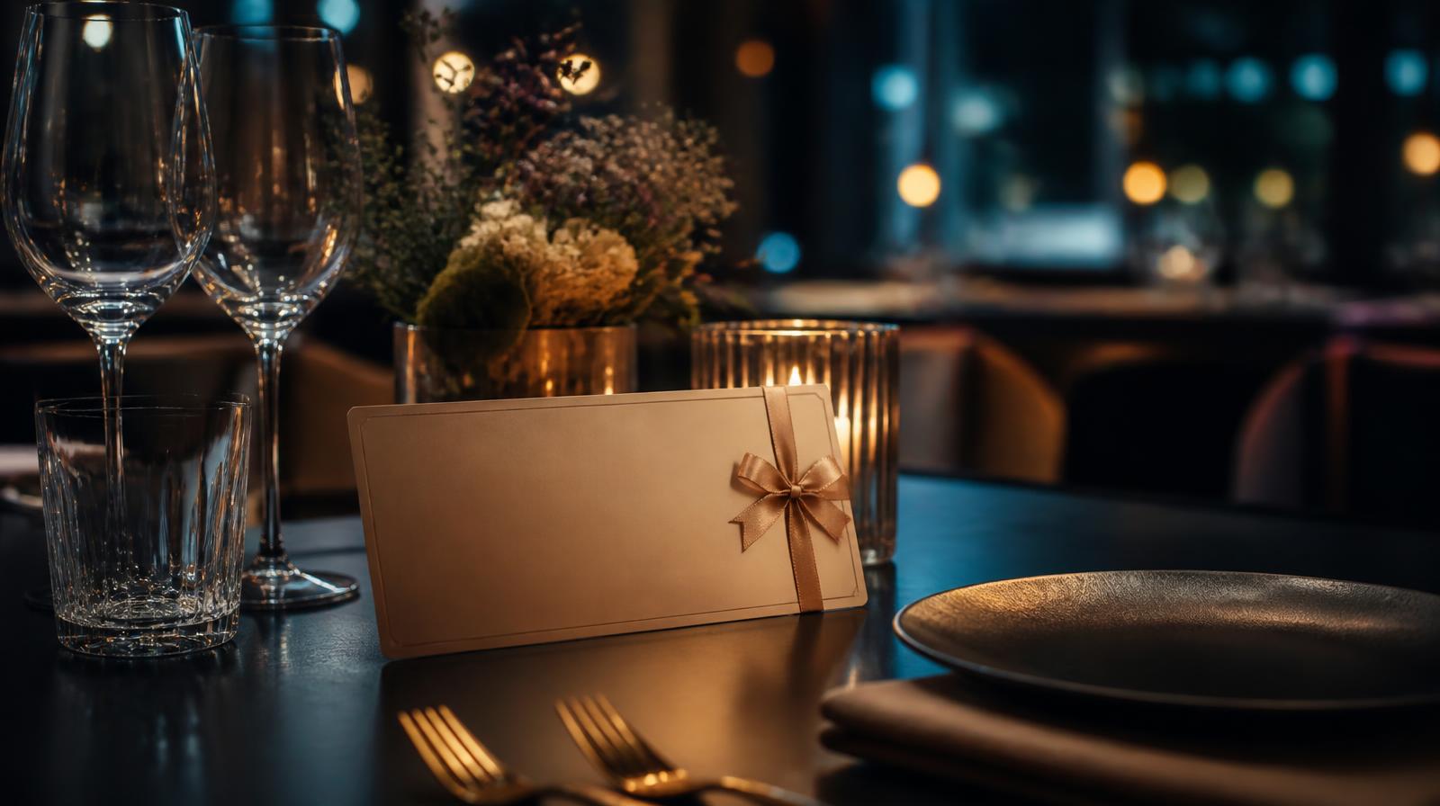Black Friday horeca campagne closeup van gedekte restauranttafel met cadeaubon in warm avondlicht zonder mensen