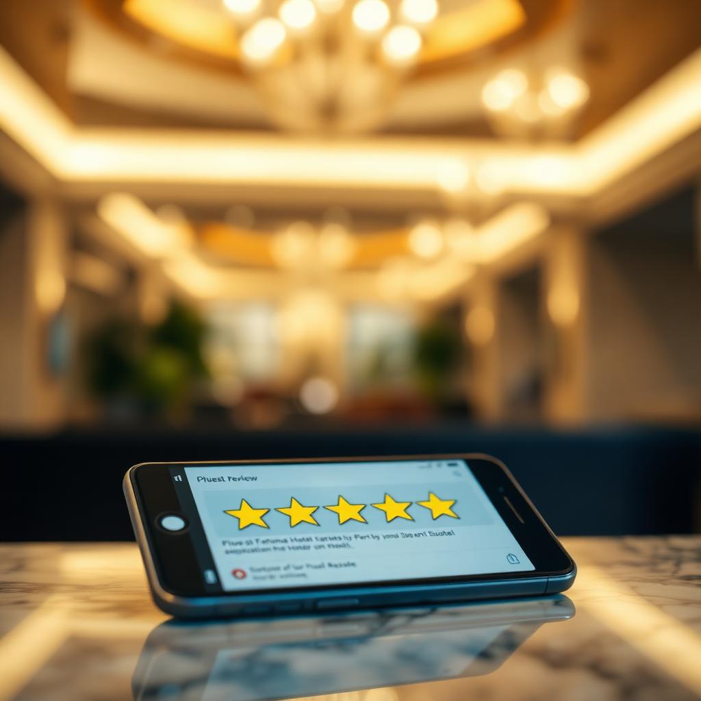 AI horeca Booking.com reviews strategie smartphone met vijf sterren review op marmeren hotellobby balie