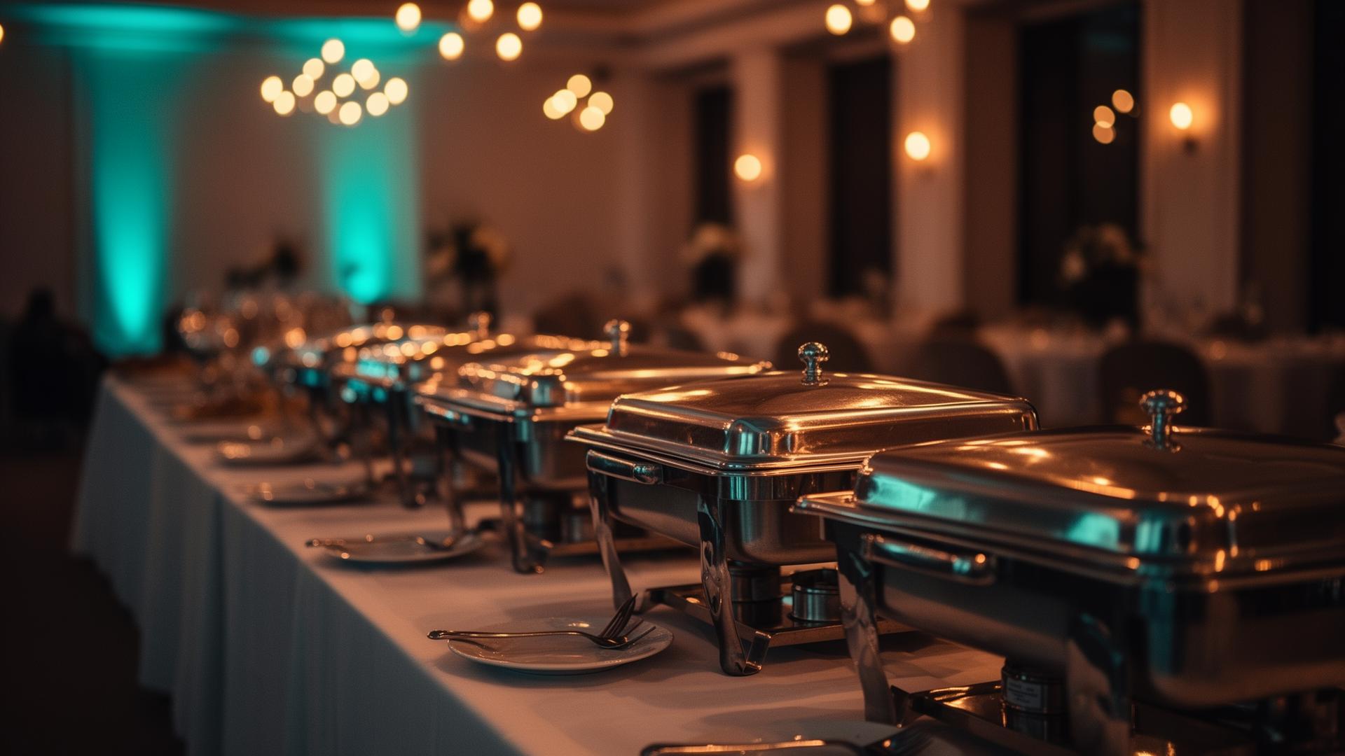 AI catering offertes evenementen: cinematische opstelling van cateringtafel met warme verlichting, geen mensen