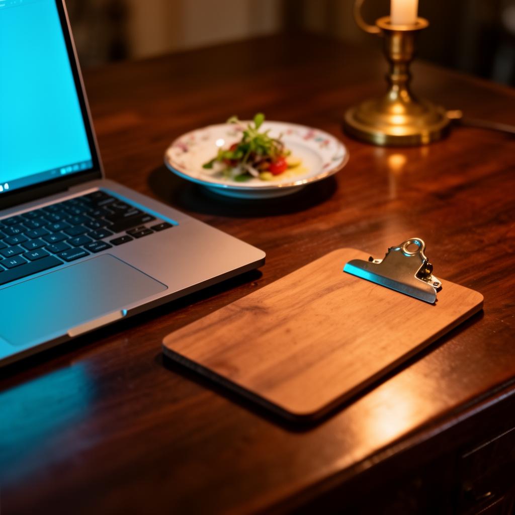 Laptop en clipboard op een houten kantoorbureau met een kleine maquette van een eventopstelling, warme bokeh