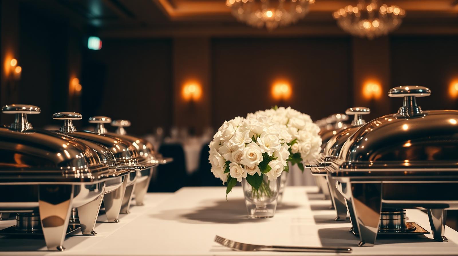 Cinematische close-up van elegant catering buffet met zilveren chafing dishes en bloemstuk, illustratie AI cateringaanvragen automatiseren