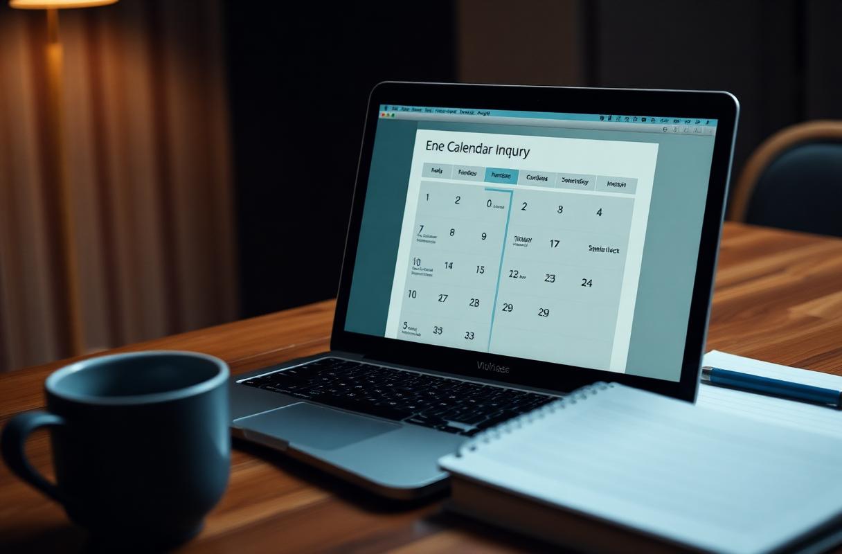 Cinematische close-up van laptop met agenda-aanvraagformulier op houten bureau naast eventplanner-notitieboek, illustratie AI cateringaanvragen automatiseren