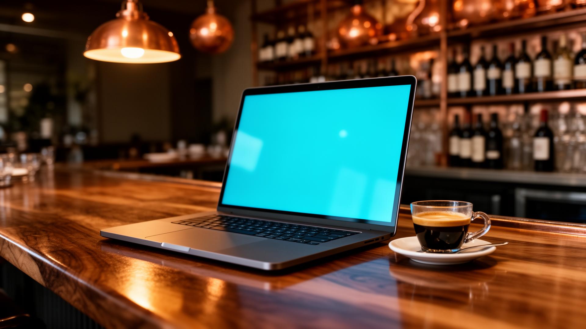 AI chatbot configureren horeca cinematic closeup van restaurantmanager met laptop aan het bartafel