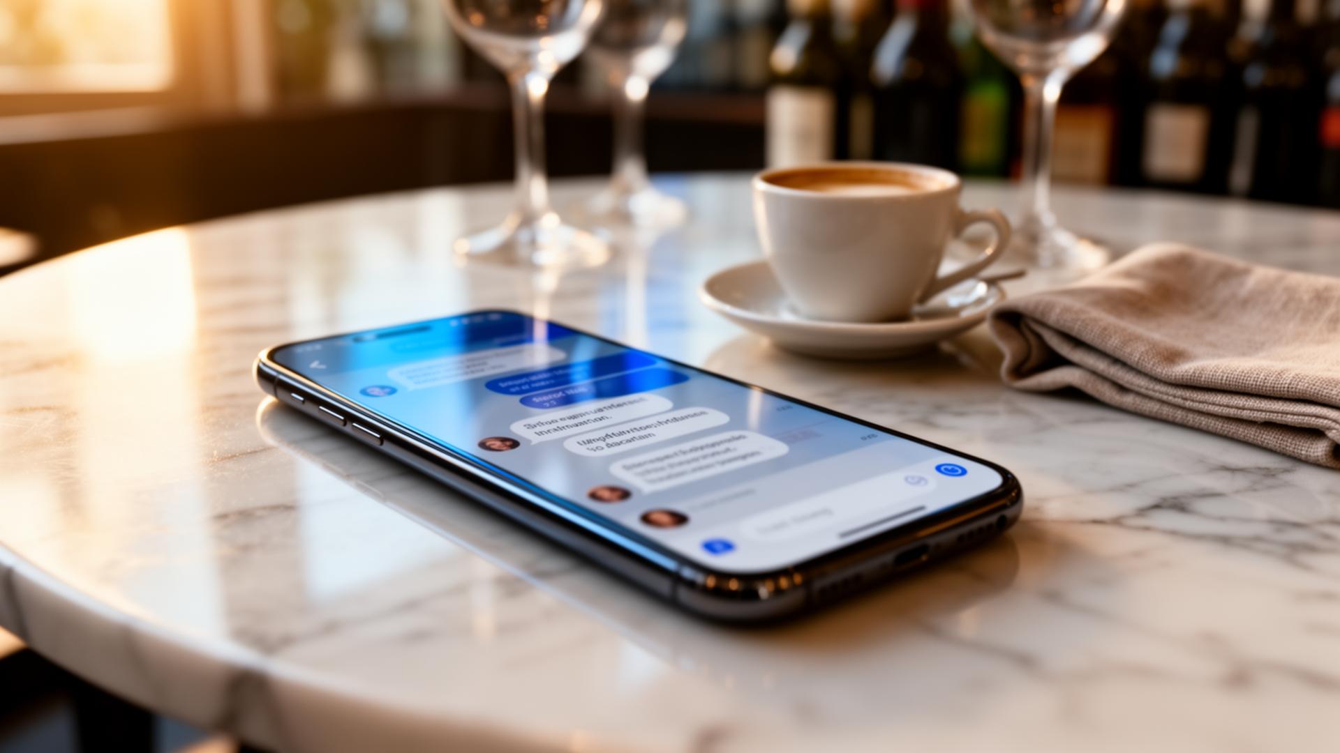 AI chatbot configureren horeca closeup van smartphone met chatbericht op marmeren tafel