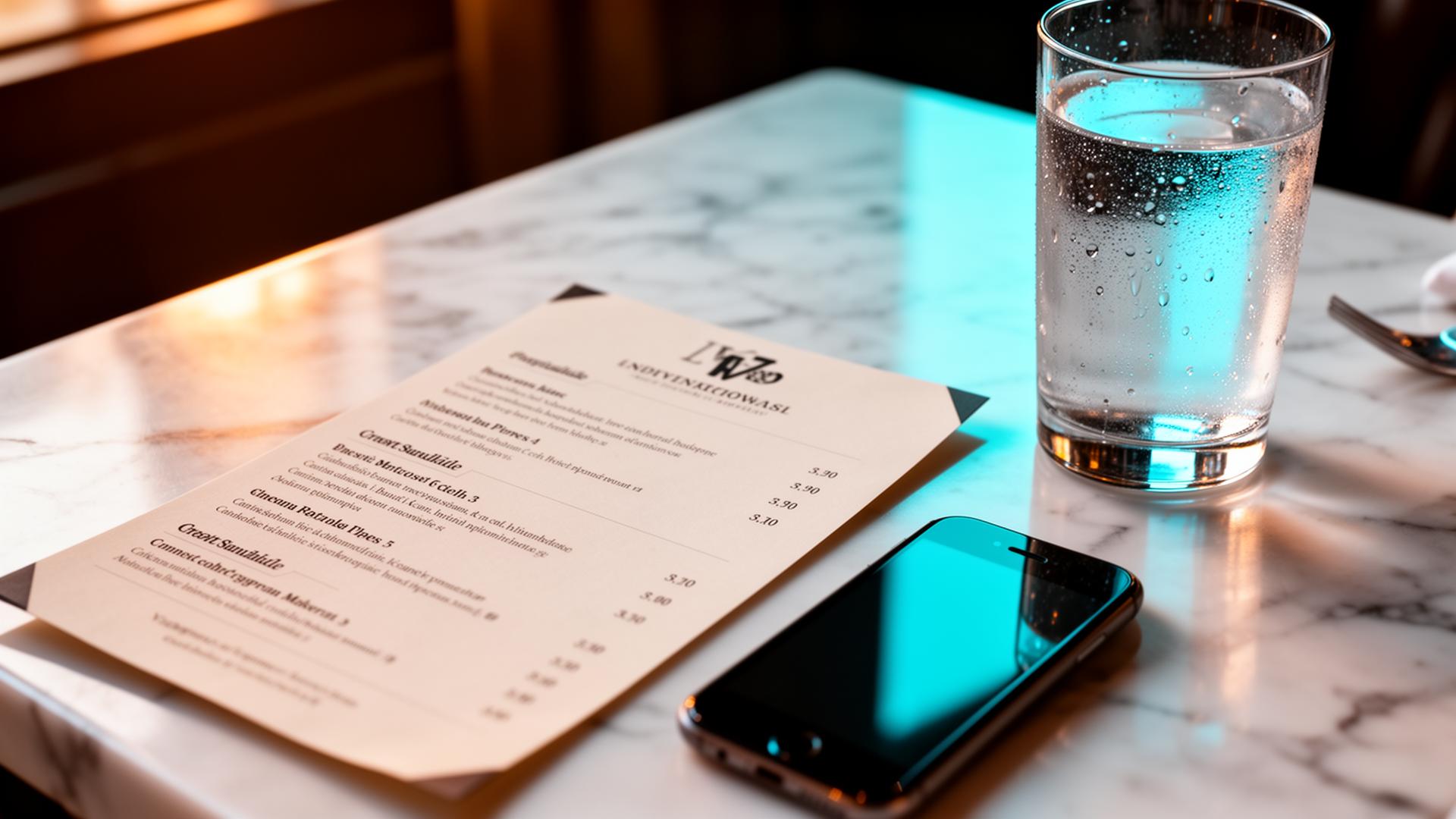 AI chatbot menu allergenen restaurant smartphone met menukaart en glas water