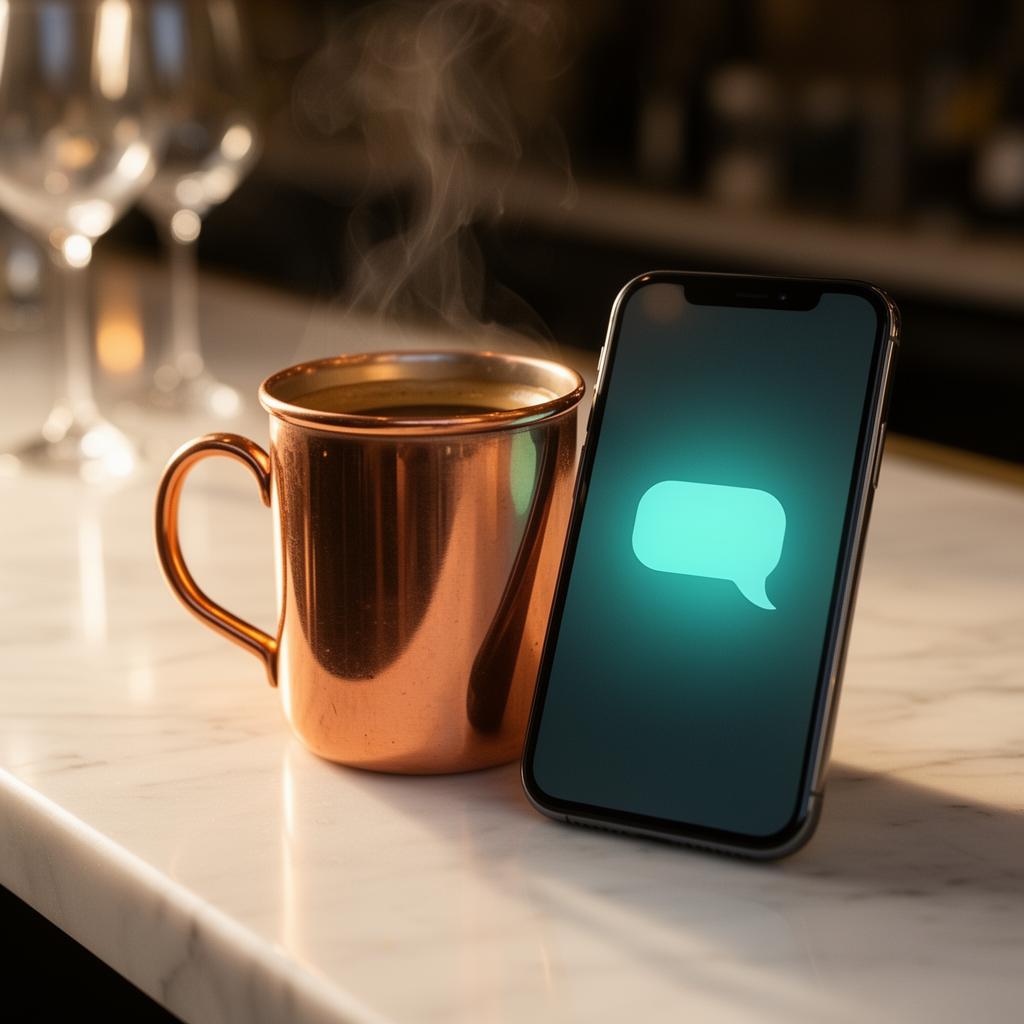 Smartphone toont AI chatbubbel naast koffiekop – AI klantenservice in je restaurant automatiseren | HorecaHub.ai
