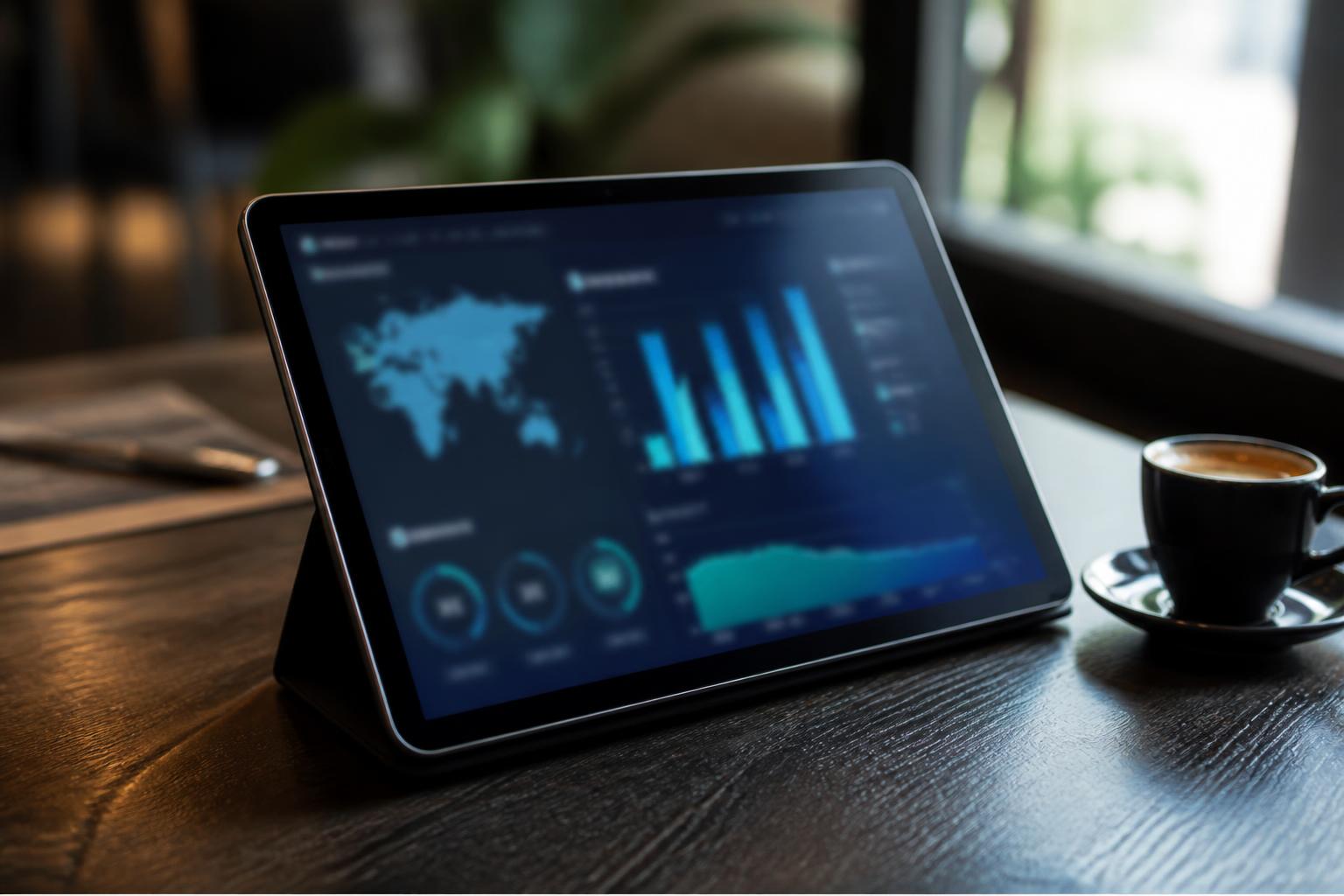AI concurrentieanalyse horeca tablet met geblurde concurrentie-vergelijkingsdashboard op donkere walnoot tafel