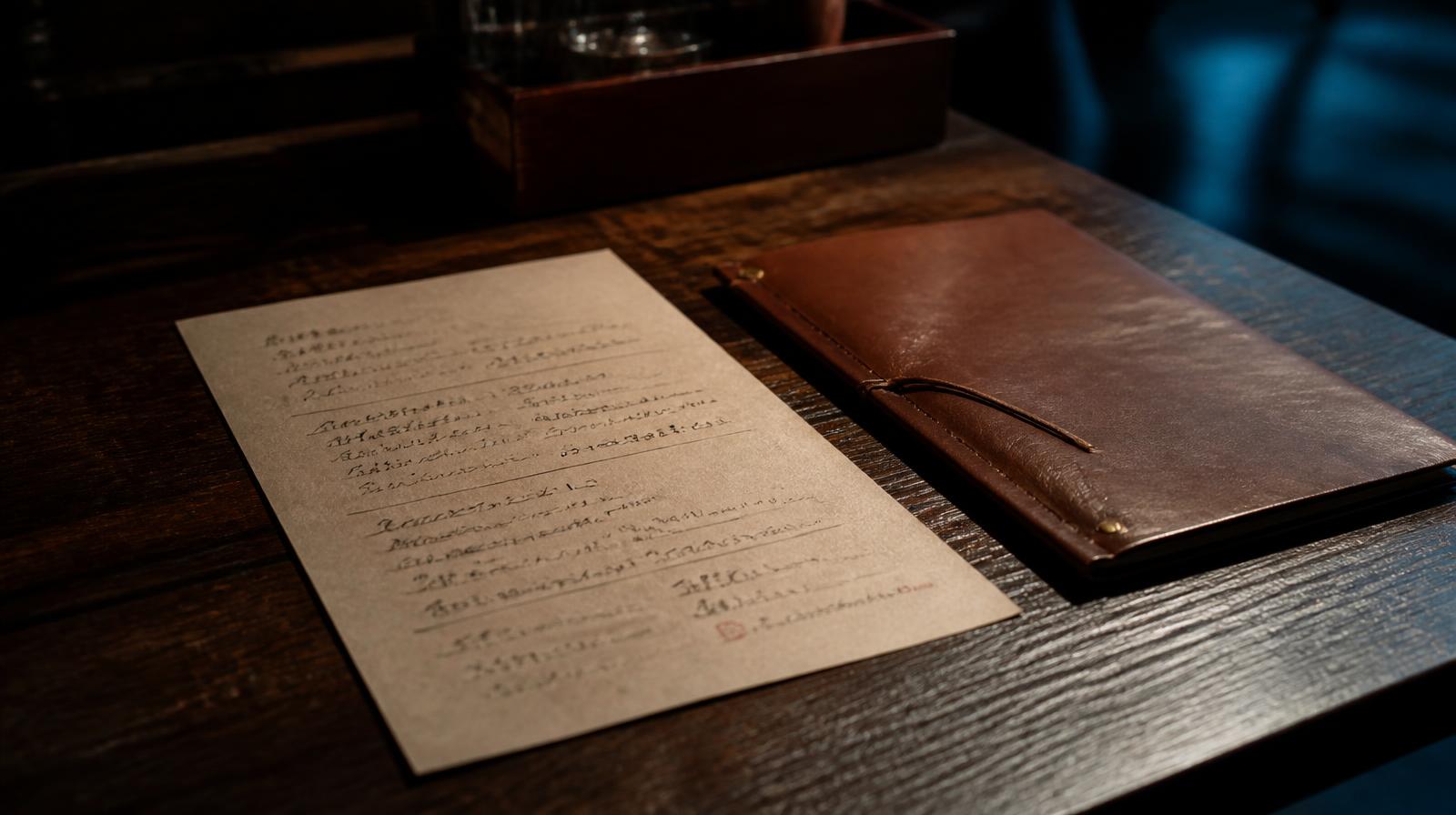 AI content productie horeca closeup van handgeschreven menukaart en notitieblok op donkere houten tafel in restaurant zonder mensen
