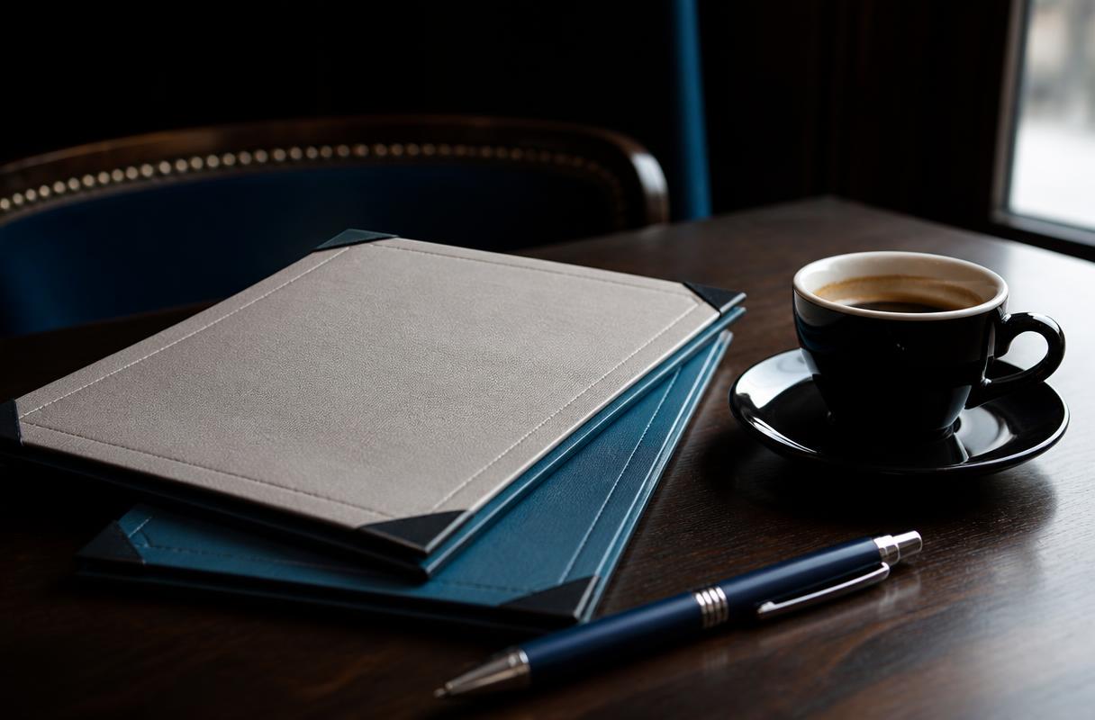 AI content productie horeca closeup van menukaarten en pen naast koffiekop op restauranttafel bij zacht raamlicht