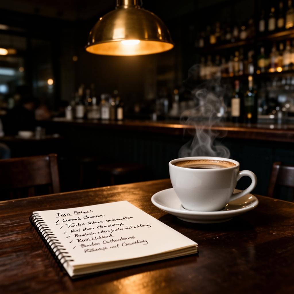 AI contentmarketing SEO horeca workflow: notitieboek met pen op donker bureau naast warme koffiekop