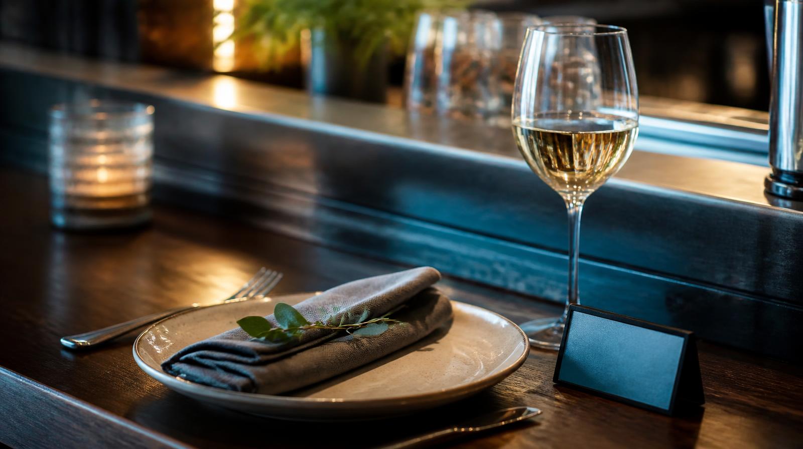 Customer lifetime value horeca closeup van vaste gast plek aan bar met glas en gereserveerd bordje op donker hout