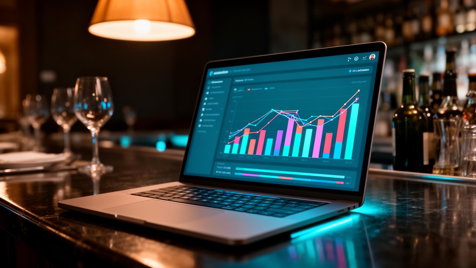 AI data analytics horeca cinematic closeup van laptop met dashboard op donkere restaurantbar bij avondlicht