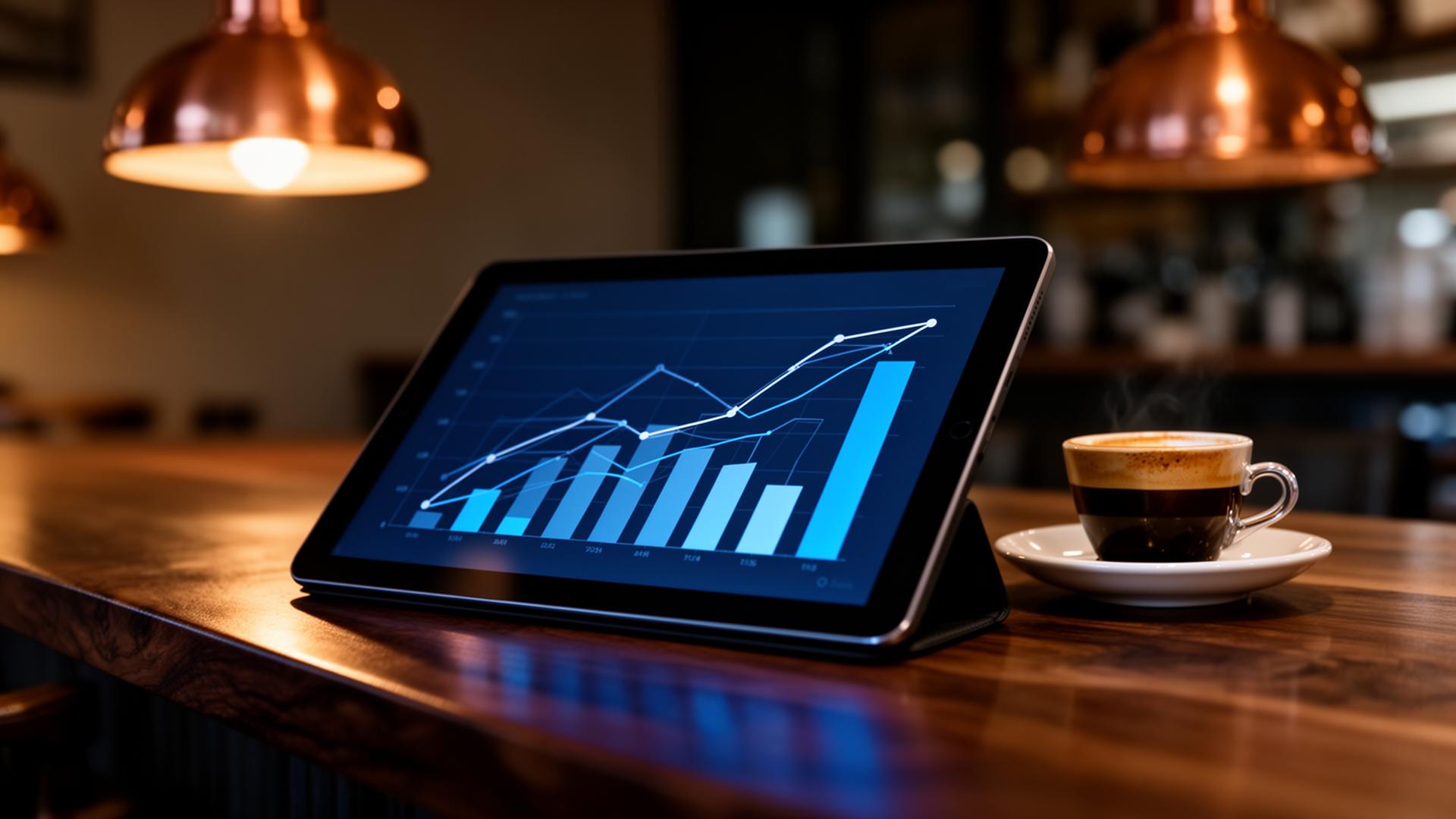 AI data analytics horeca closeup van handen die grafieken bekijken op tablet aan koffiebar