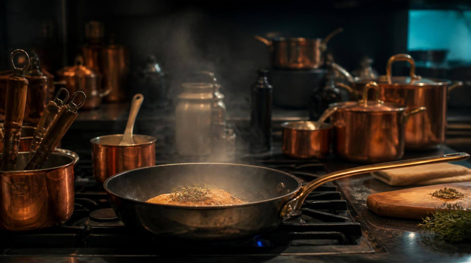 Duurzaam concurrentievoordeel met AI in de horeca closeup van professionele keuken met warm licht en dampende pan