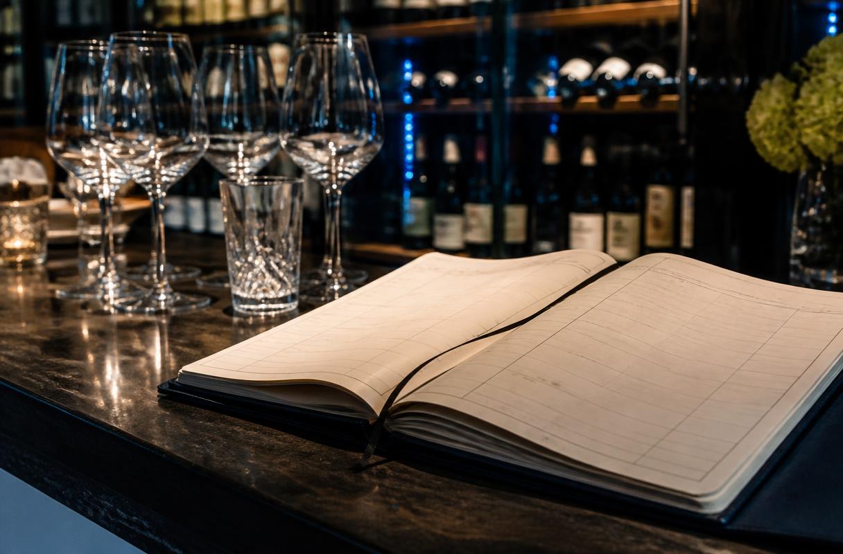 Concurrentievoordeel horeca closeup van reserveringsboek en glazen op donkere bar in restaurant