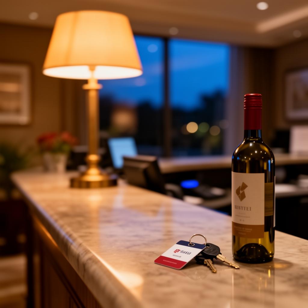 AI dynamische prijzen horeca hotelreceptie bij schemerlicht met sleutel en wijnfles