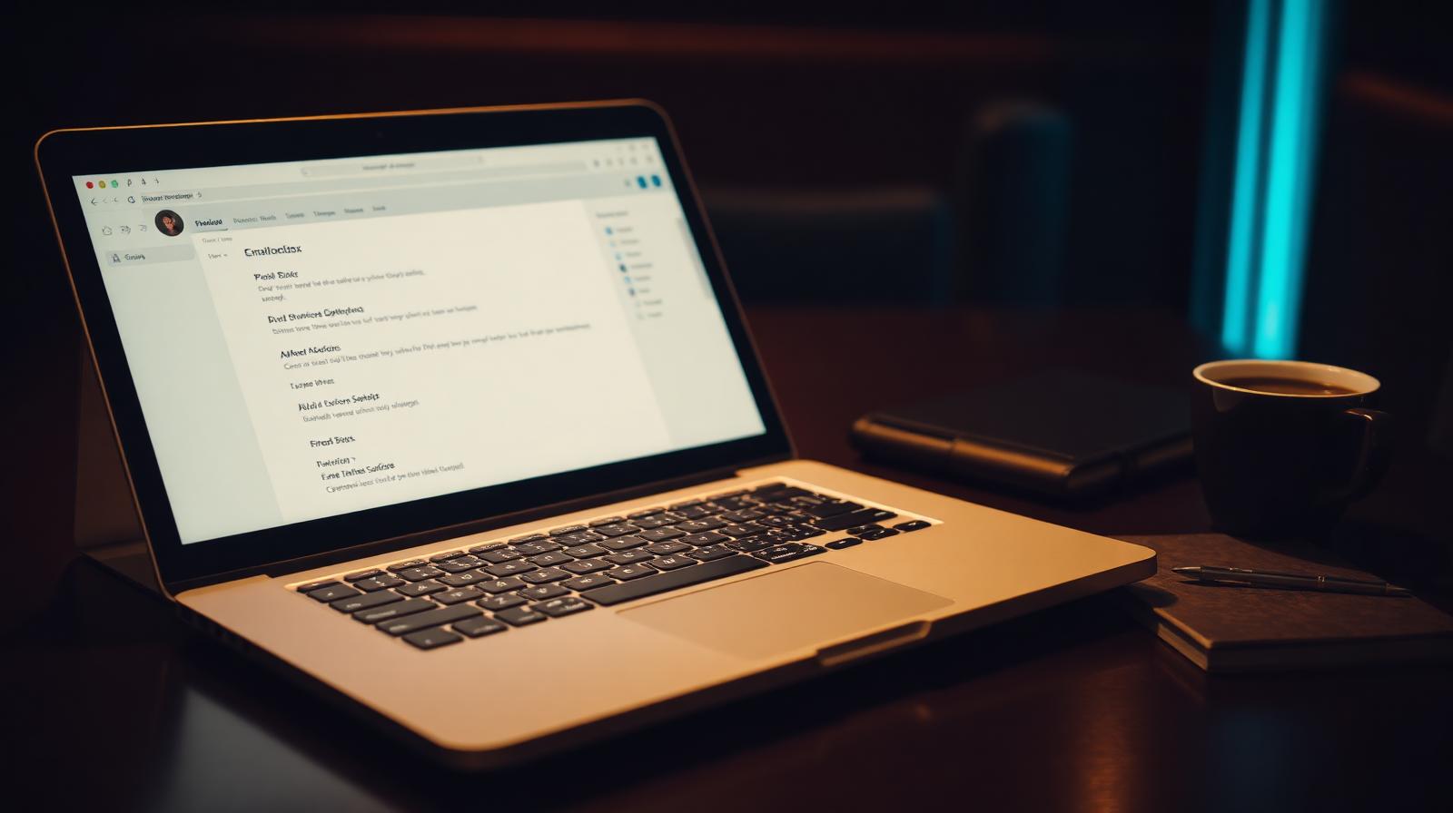 Cinematische close-up van laptop met inbox naast bestelboekje in restaurant, illustratie van AI e-mail automatisering restaurant