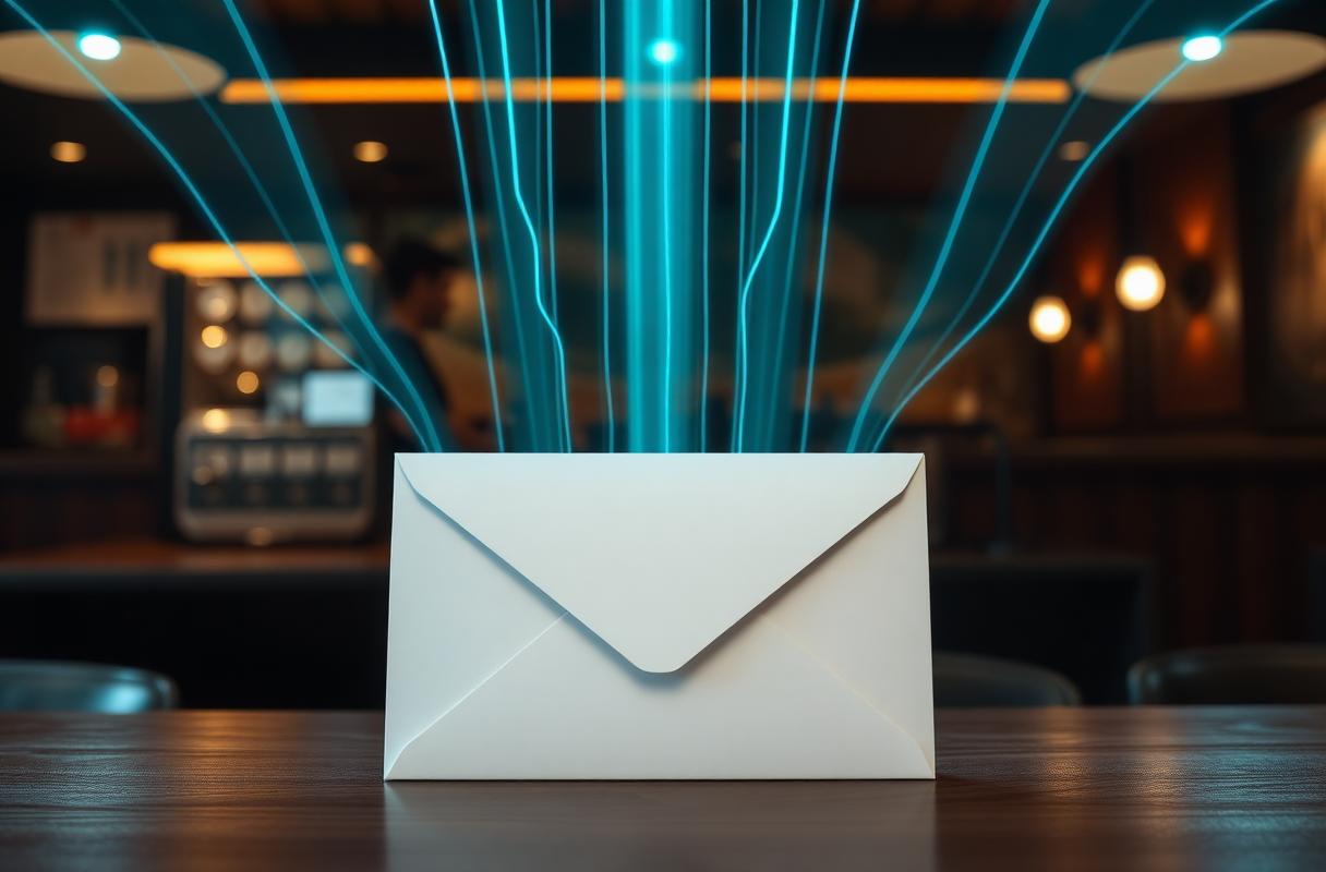 Cinematische close-up van envelop met digitale gloed op donker werkblad, illustratie van AI e-mail flows restaurant
