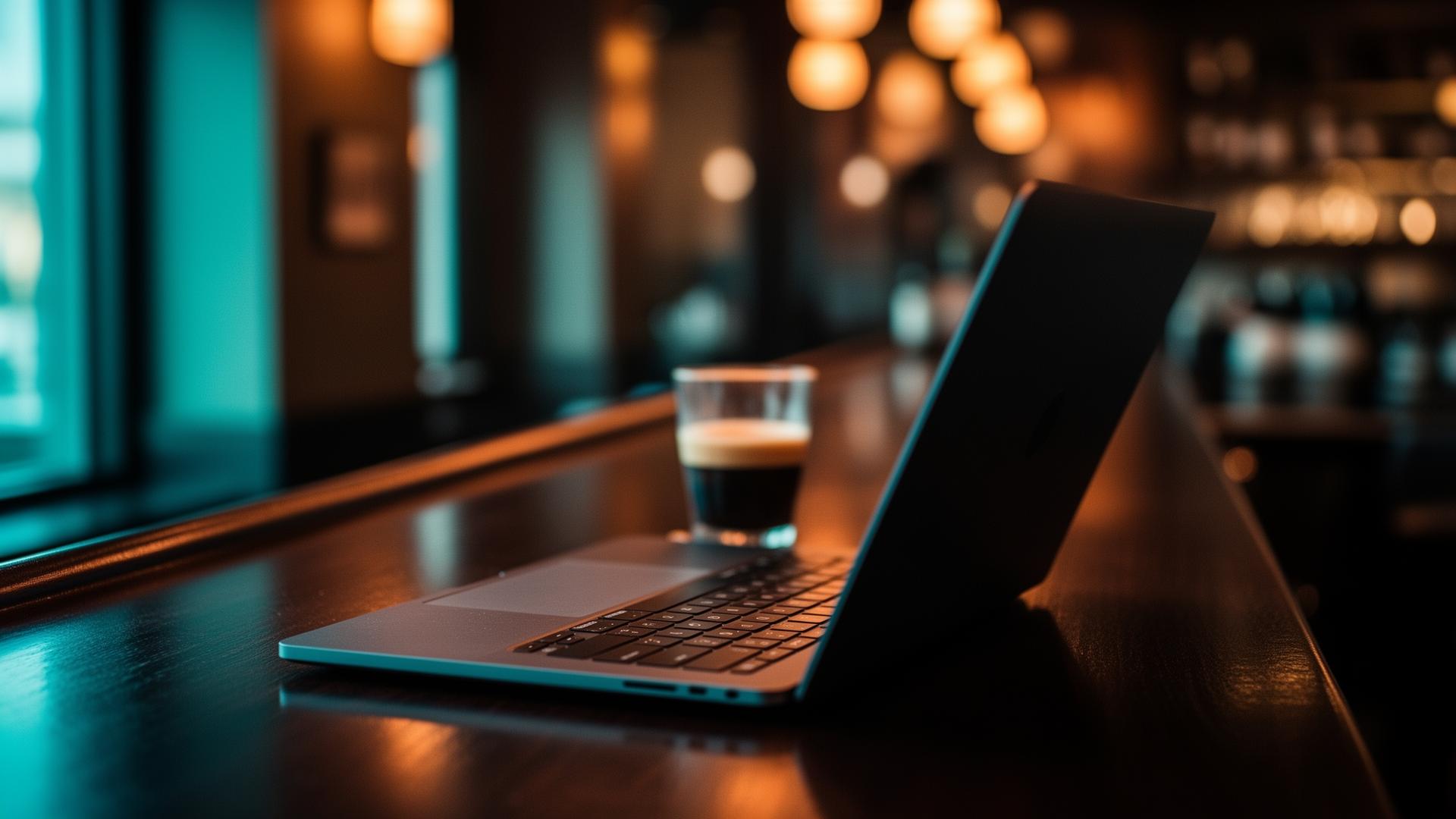 AI e-mail klantenservice restaurant: cinematische close-up van laptop op donker houten bartoog met warme lampen