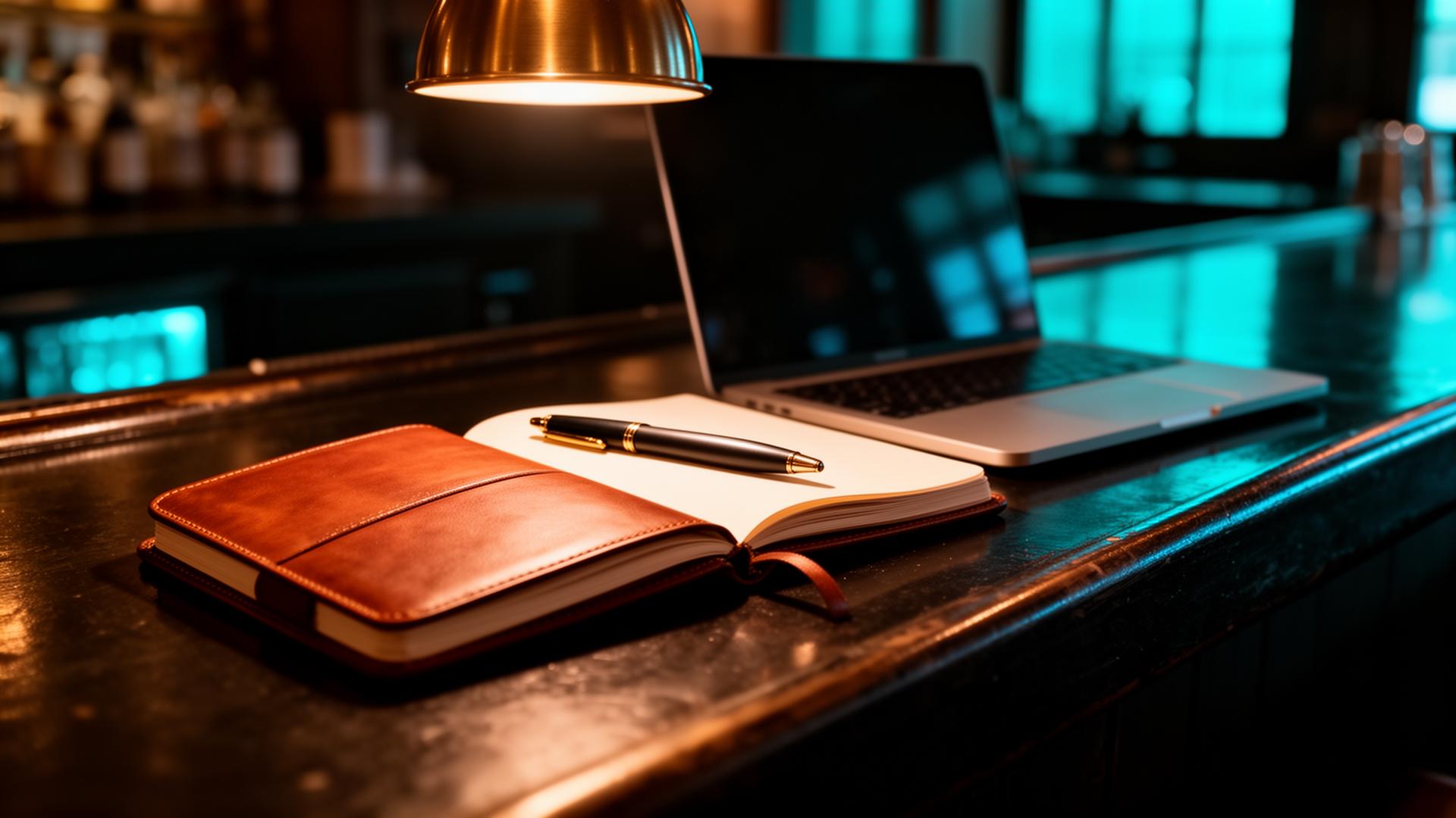 Notitieboek en laptop naast elkaar op donker bartoog in warm cinematisch licht