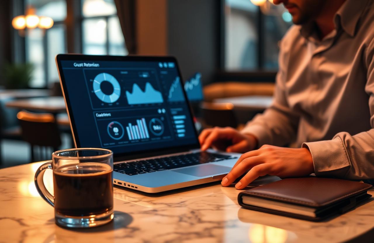 E-mailretentie horeca manager laptop retention dashboard op marmeren bistrotafel met espresso