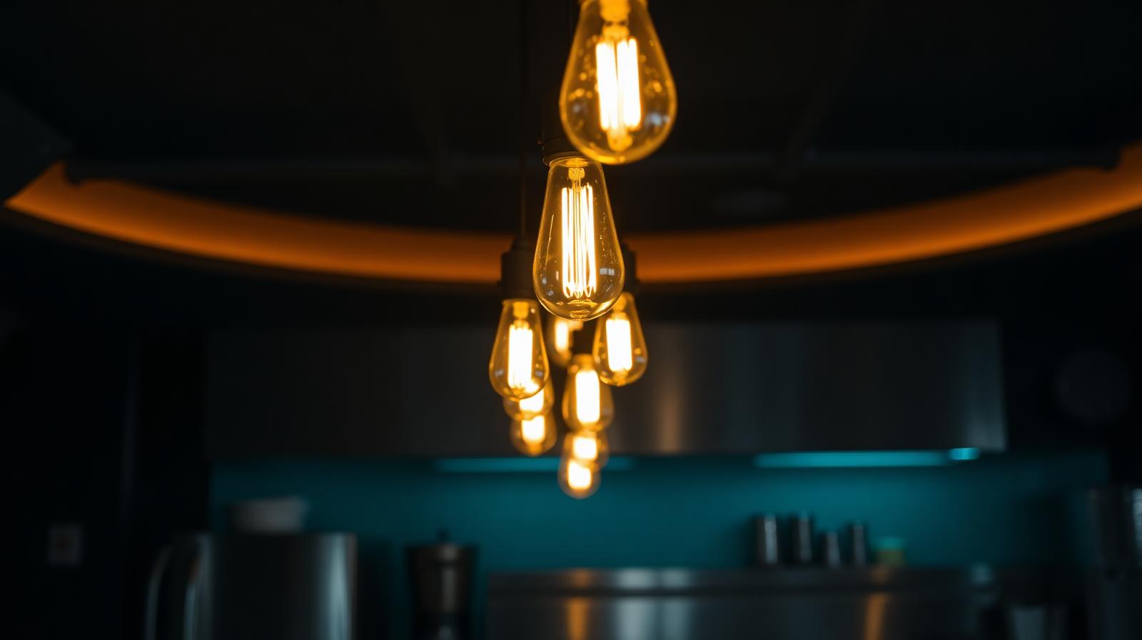 Cinematische close-up van warme Edison-lampen boven restaurantbar met donkere keukenachtergrond, illustratie AI energiebeheer restaurant