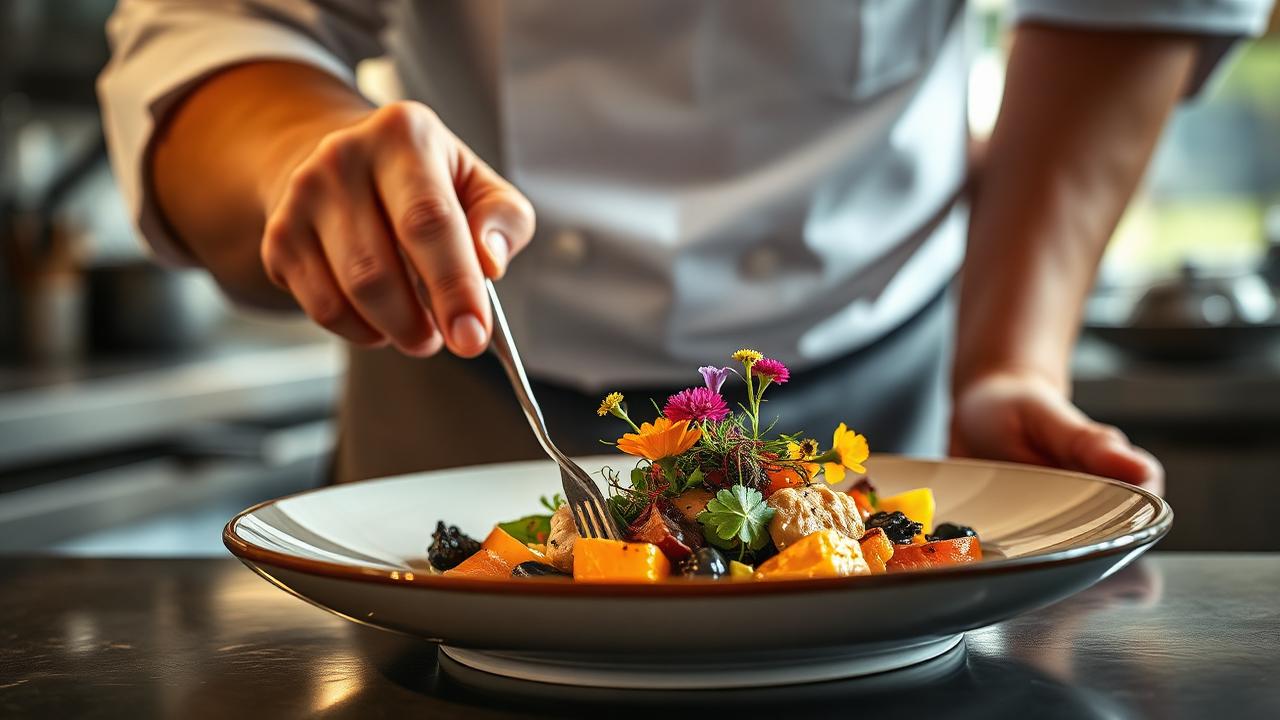AI food trends horeca chef plateert modern seizoensgerecht met eetbare bloemen en geroosterde groenten op keramisch bord