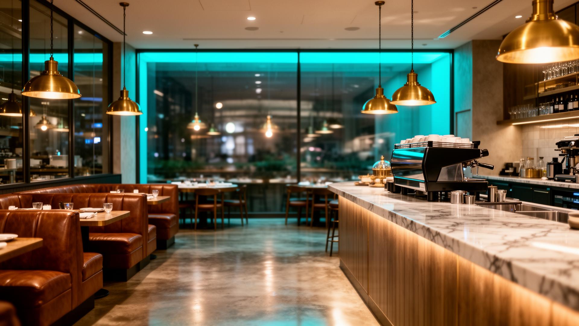 AI horecaketen cinematic ketensituatie modern restaurant interieur met marmeren bar en blauwe accentverlichting
