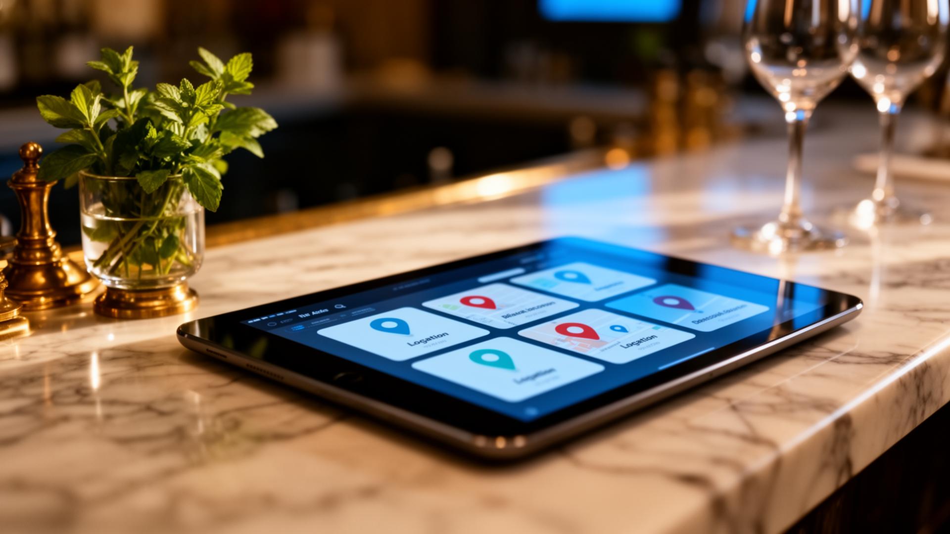 AI franchise dashboard tablet op marmeren bar met meerdere locatie-tiles
