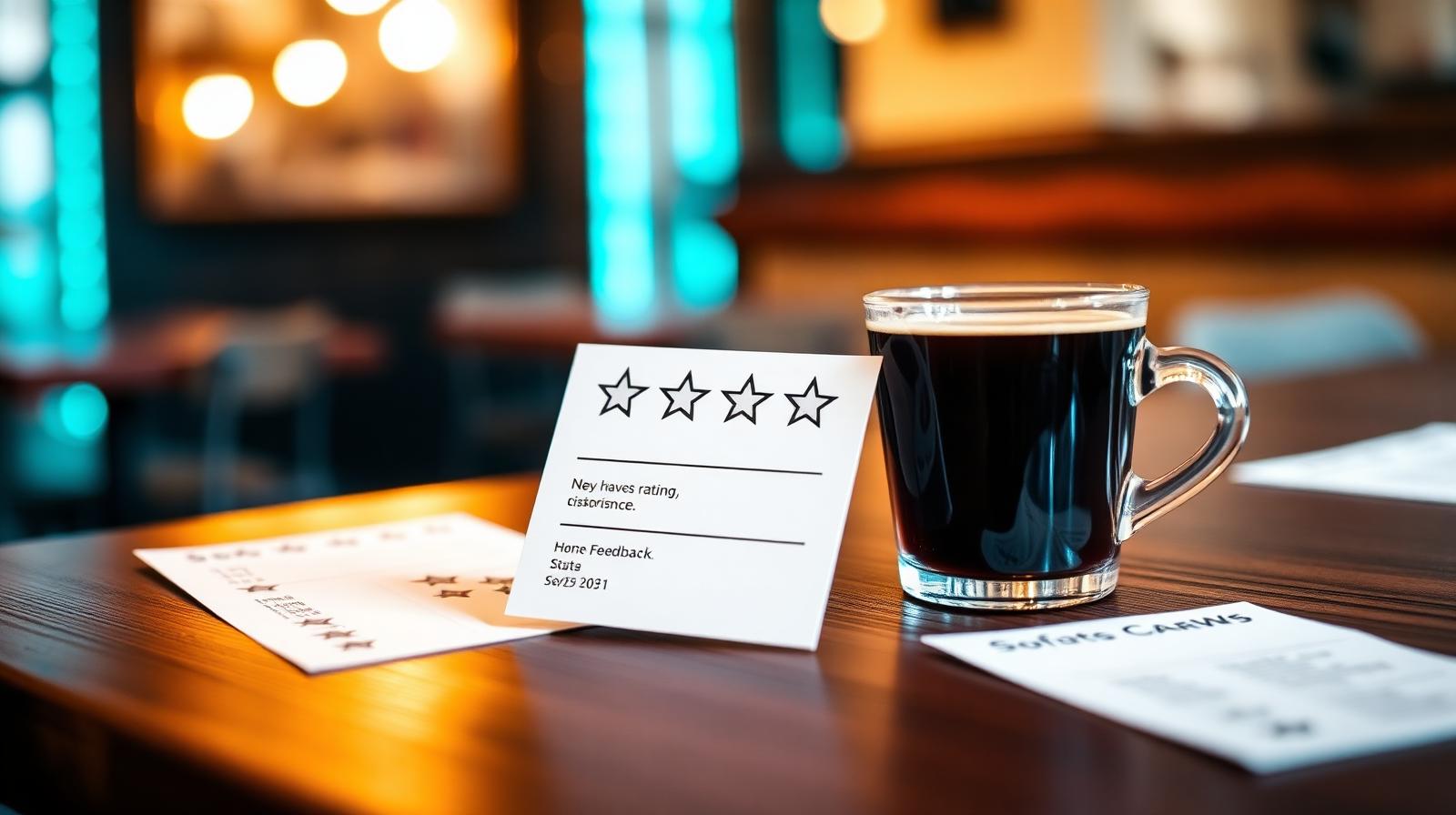 Cinematische close-up van sterrenkaartjes en feedbacknotities op donkere restauranttafel naast espressokopje, illustratie AI gastenfeedback analyse horeca