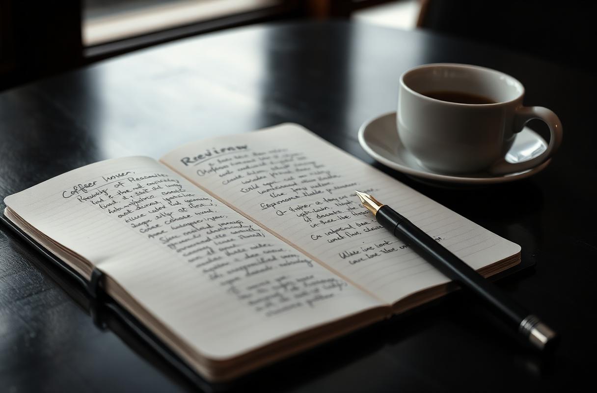 Cinematische close-up van open notitieboek met handgeschreven reviewnotities naast vulpen en koffiekopje, illustratie AI gastenfeedback analyse horeca