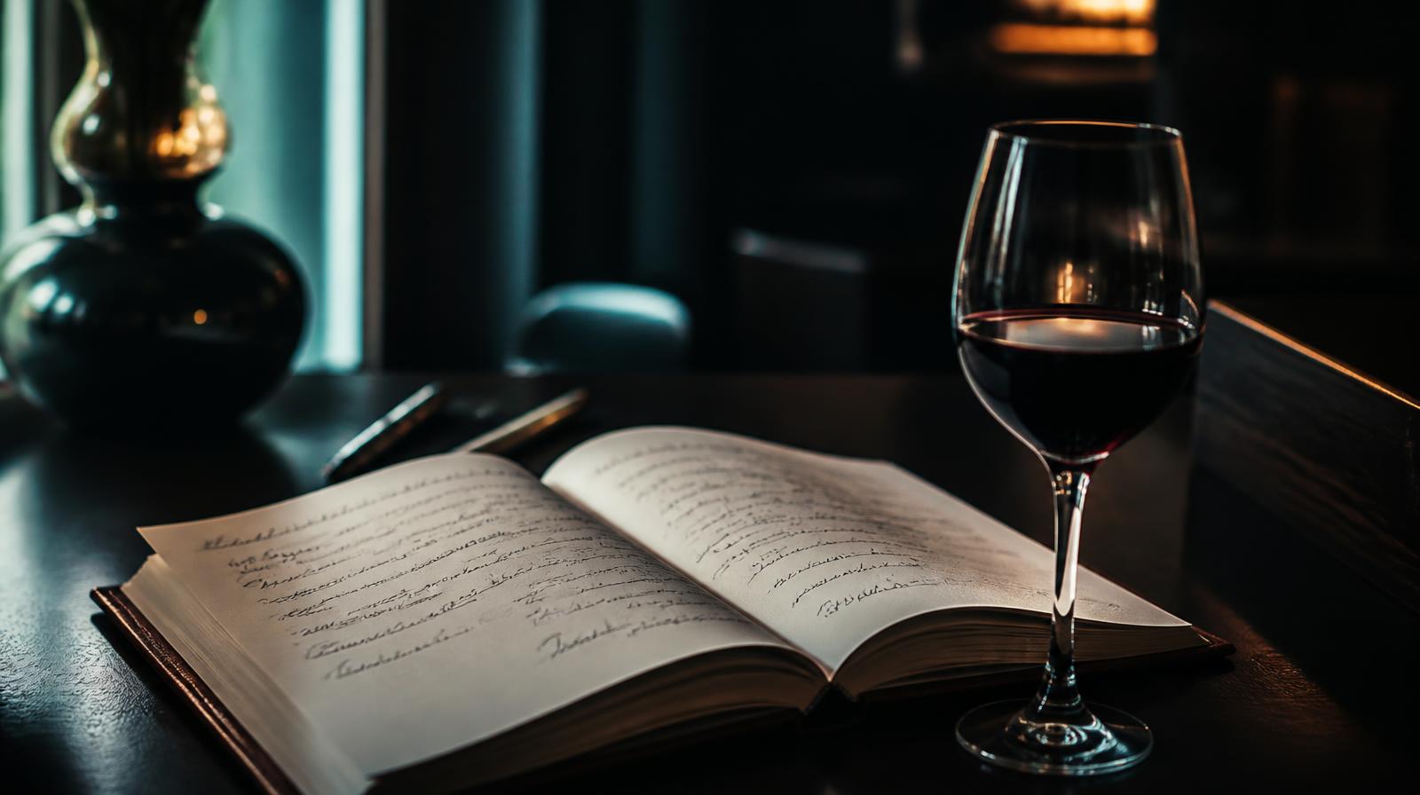 Gastfeedback analyseren closeup van handgeschreven gastenboek naast wijnglas op donkere restauranttafel