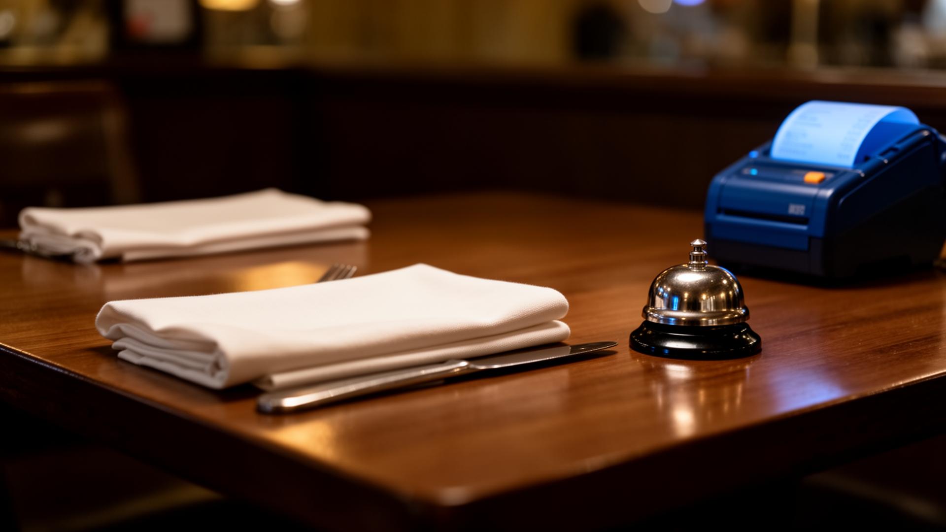 AI gastfeedback NPS horeca lege restauranttafel met opgevouwen servet en belletje na service