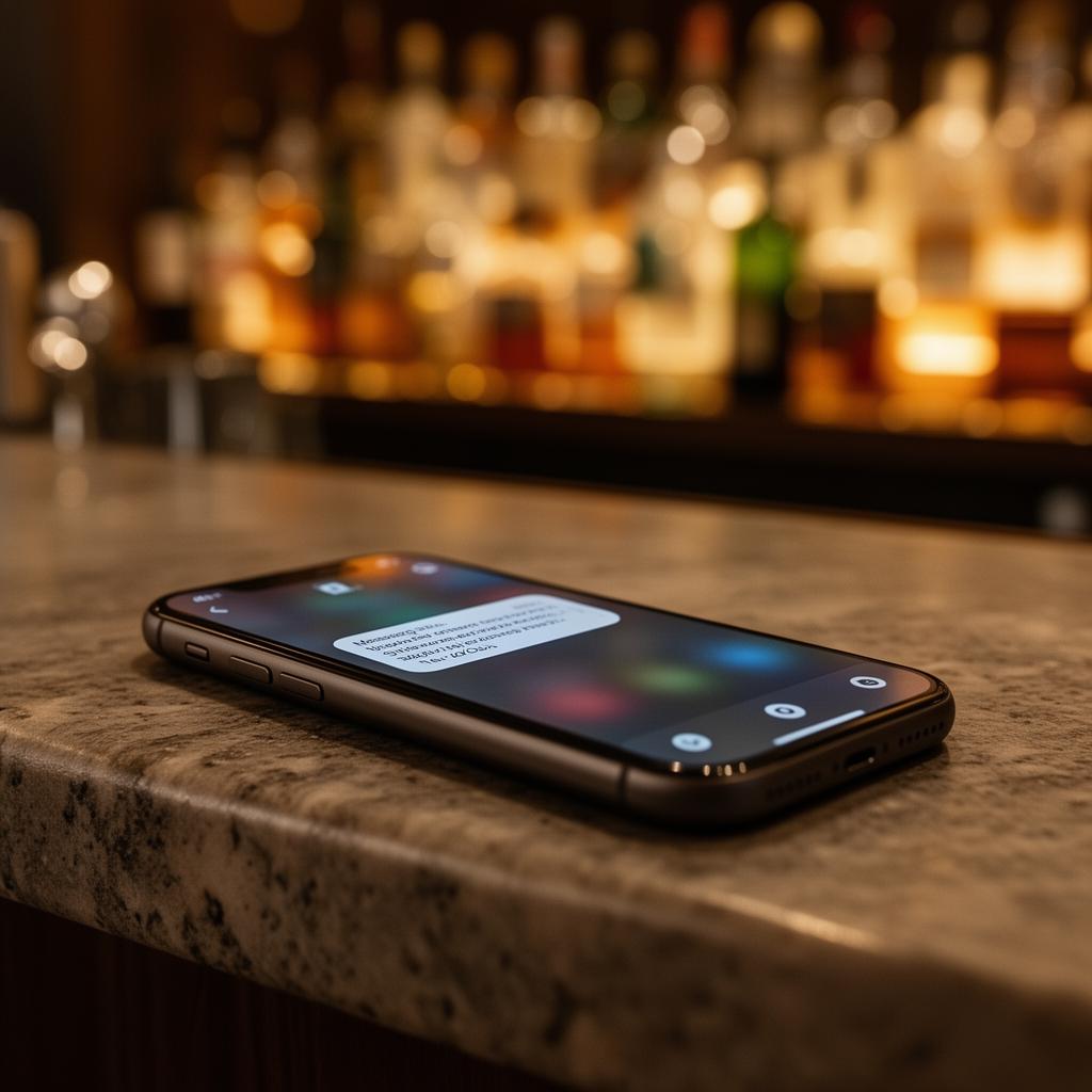 AI gastfeedback NPS horeca smartphone op stenen bar met blurred berichtnotificatie